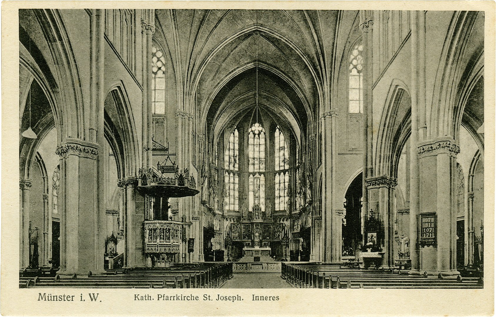 Postkarte: Blick in den Chor der Josephskirche mit der Kanzel und dem Hauptaltar. (Stadtmuseum Münster CC BY-NC-SA)