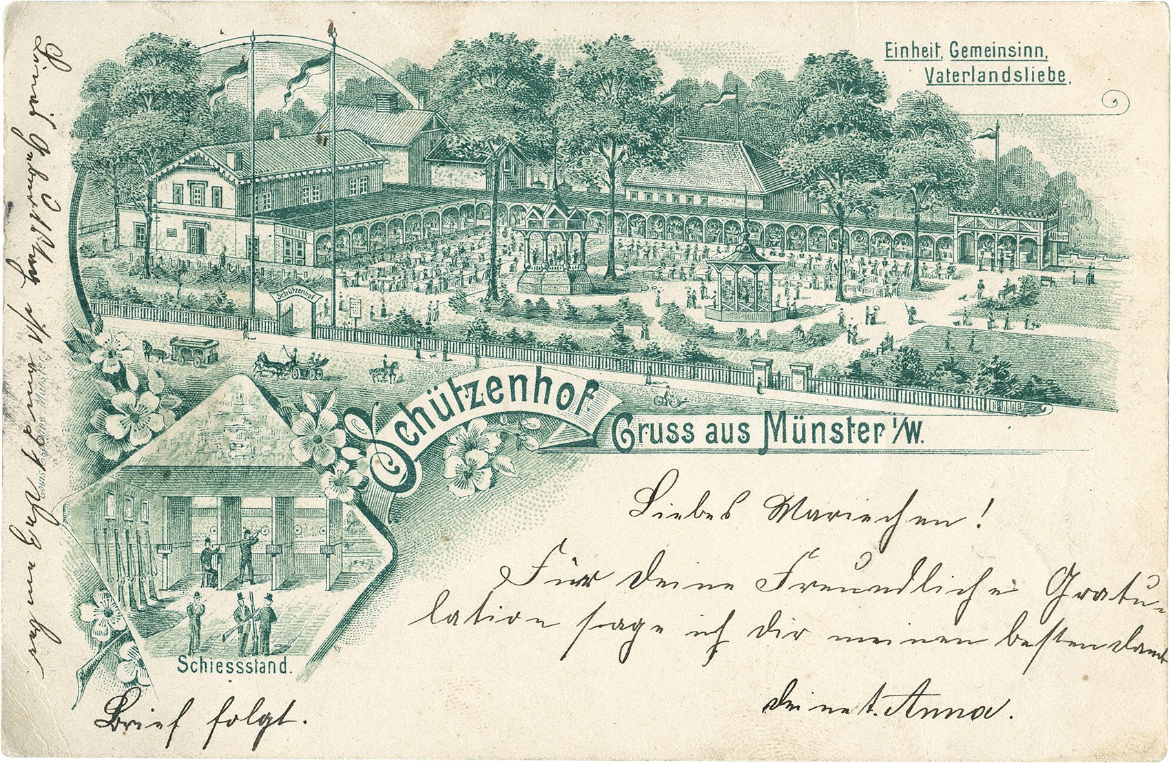 Postkarte: Gesamtansicht des alten Schützenhofes an der Hammer Straße mit dem Schießstand und dem Biergarten. (Stadtmuseum Münster CC BY-NC-SA)
