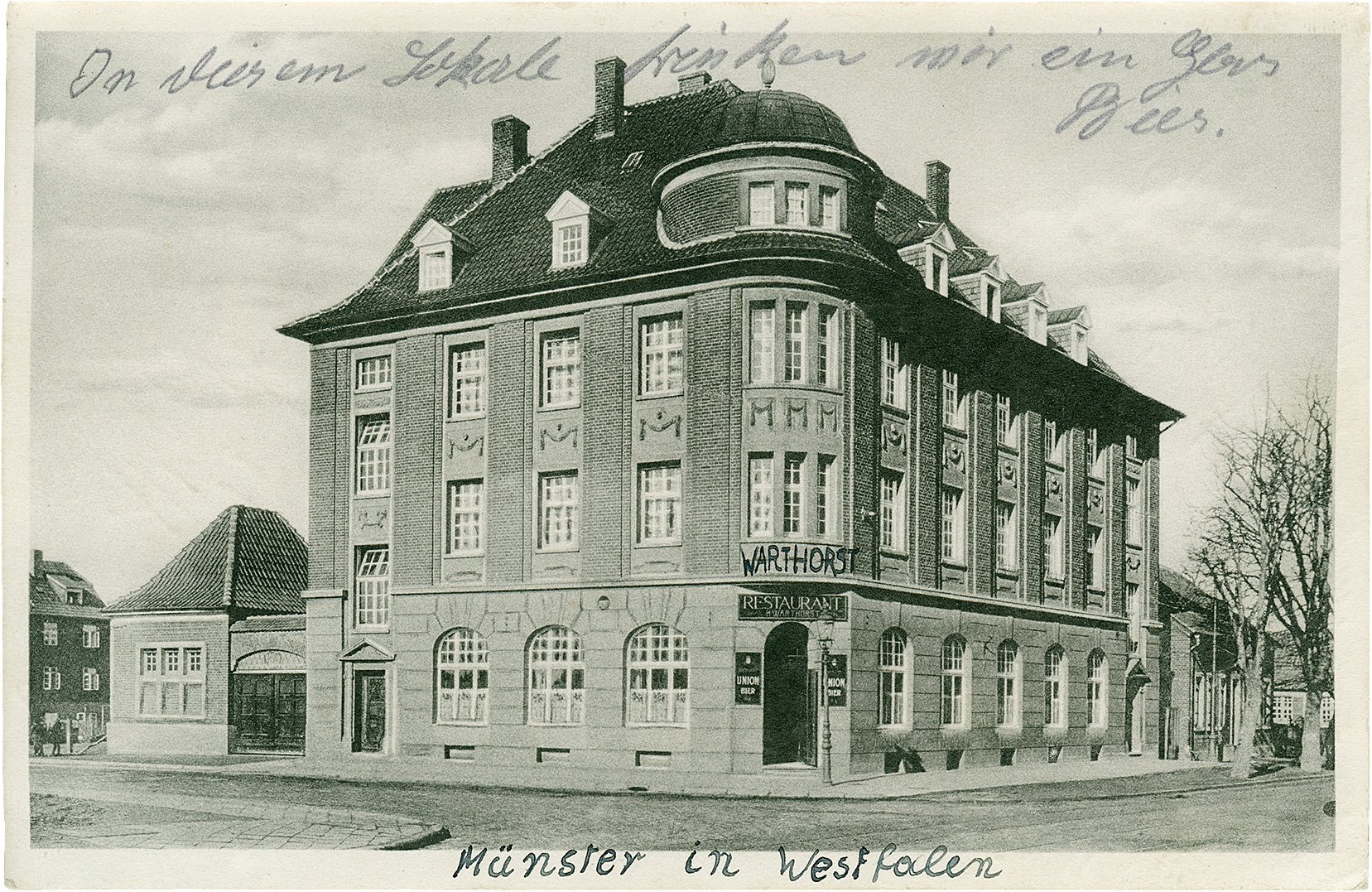 Postkarte: Wohn- und Geschäftshaus mit Restaurant und Gastwirtschaft von Heinrich Warthorst, Hammer Straße 134. (Stadtmuseum Münster CC BY-NC-SA)