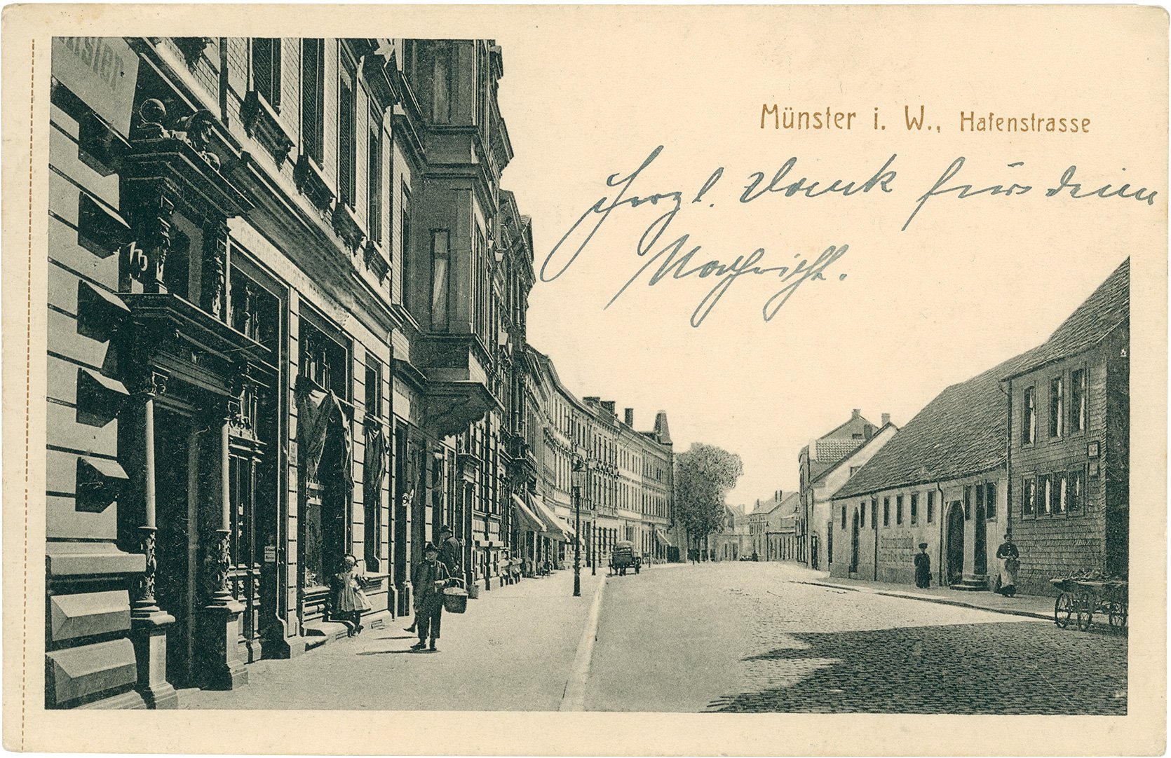 Postkarte: Blick vom Ludgeriplatz in die Hafenstraße Richtung Bahngleise. (Stadtmuseum Münster CC BY-NC-SA)