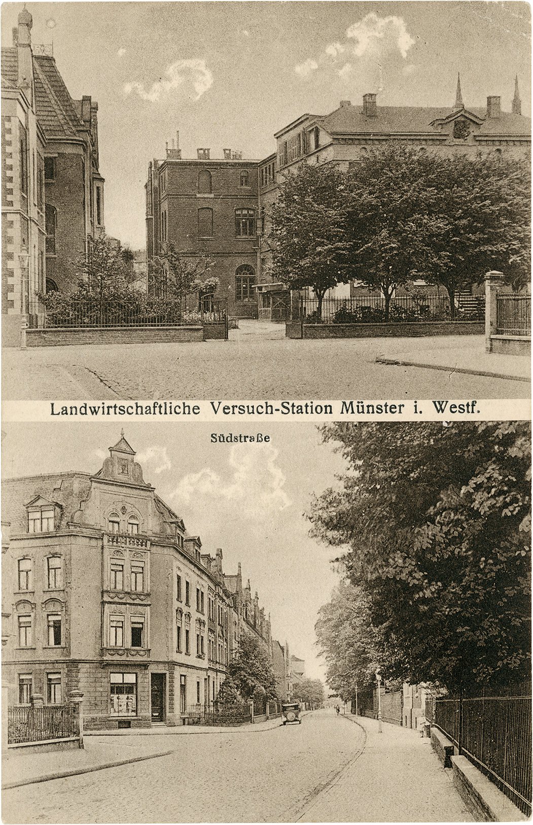 Postkarte: Ansichten der Südstraße stadtauswärts auf Höhe der Blücherstraße mit der Landwirtschaftlichen Versuchs-Station. (Stadtmuseum Münster CC BY-NC-SA)
