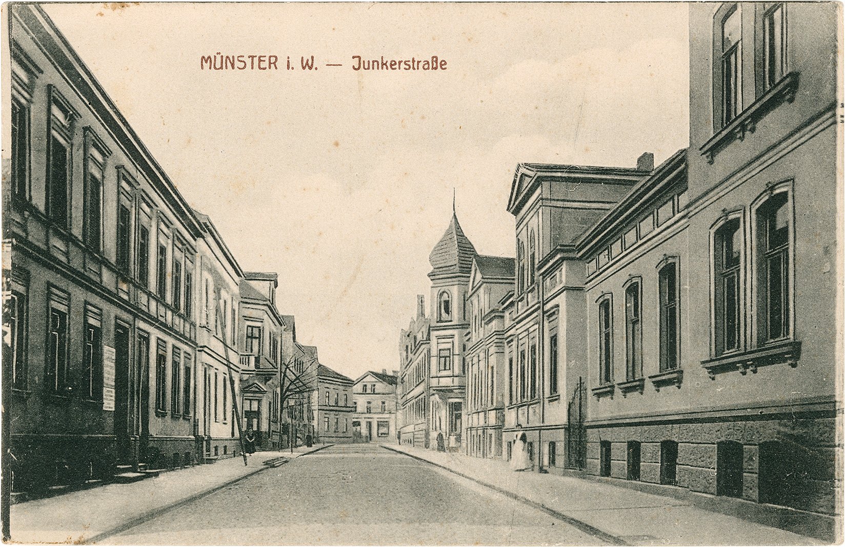 Postkarte: Blick in die Junkerstraße in Richtung Südstraße. (Stadtmuseum Münster CC BY-NC-SA)