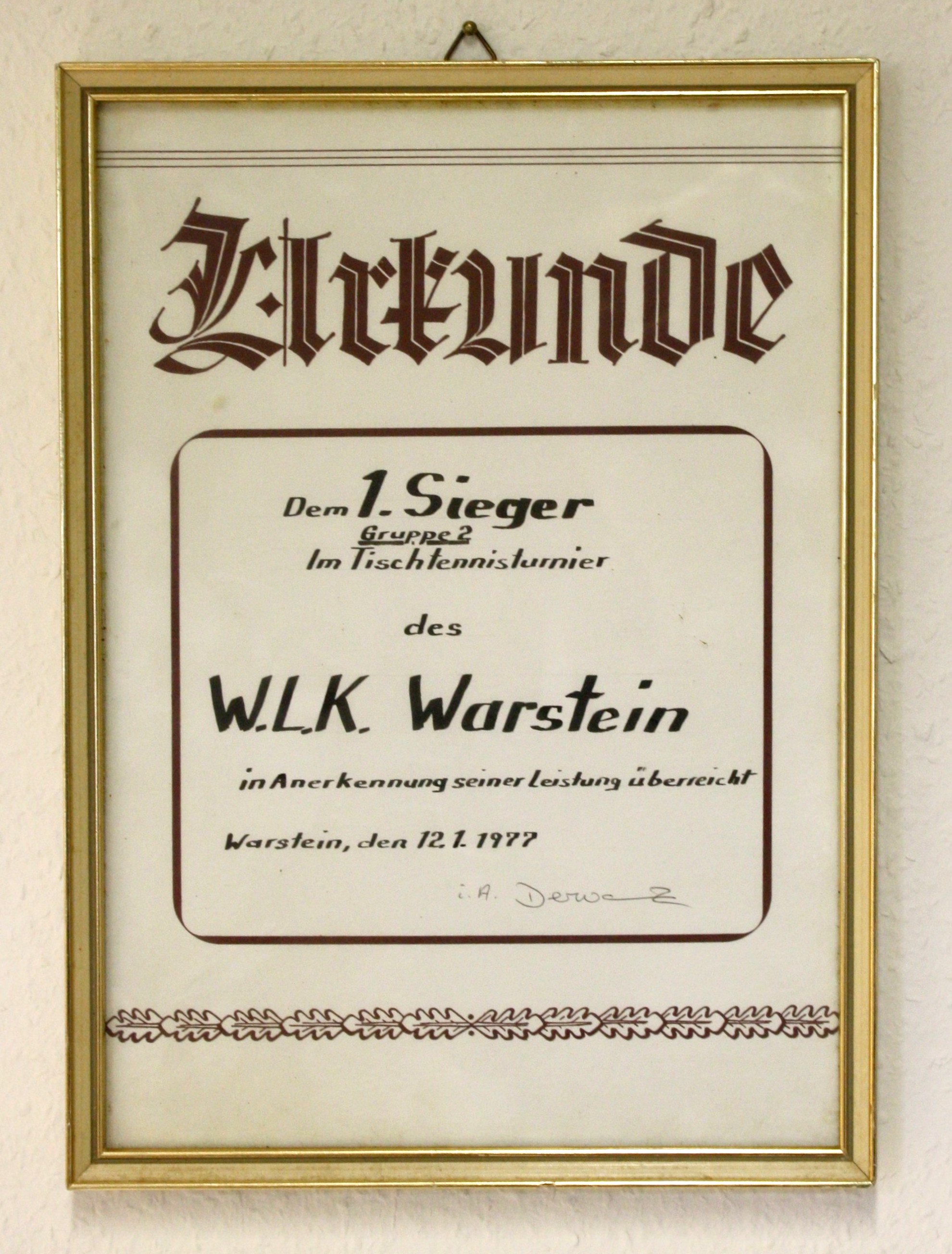 Urkunde Tischtennisturnier Warstein (LWL-Psychiatriemuseum Warstein CC BY-NC-SA)