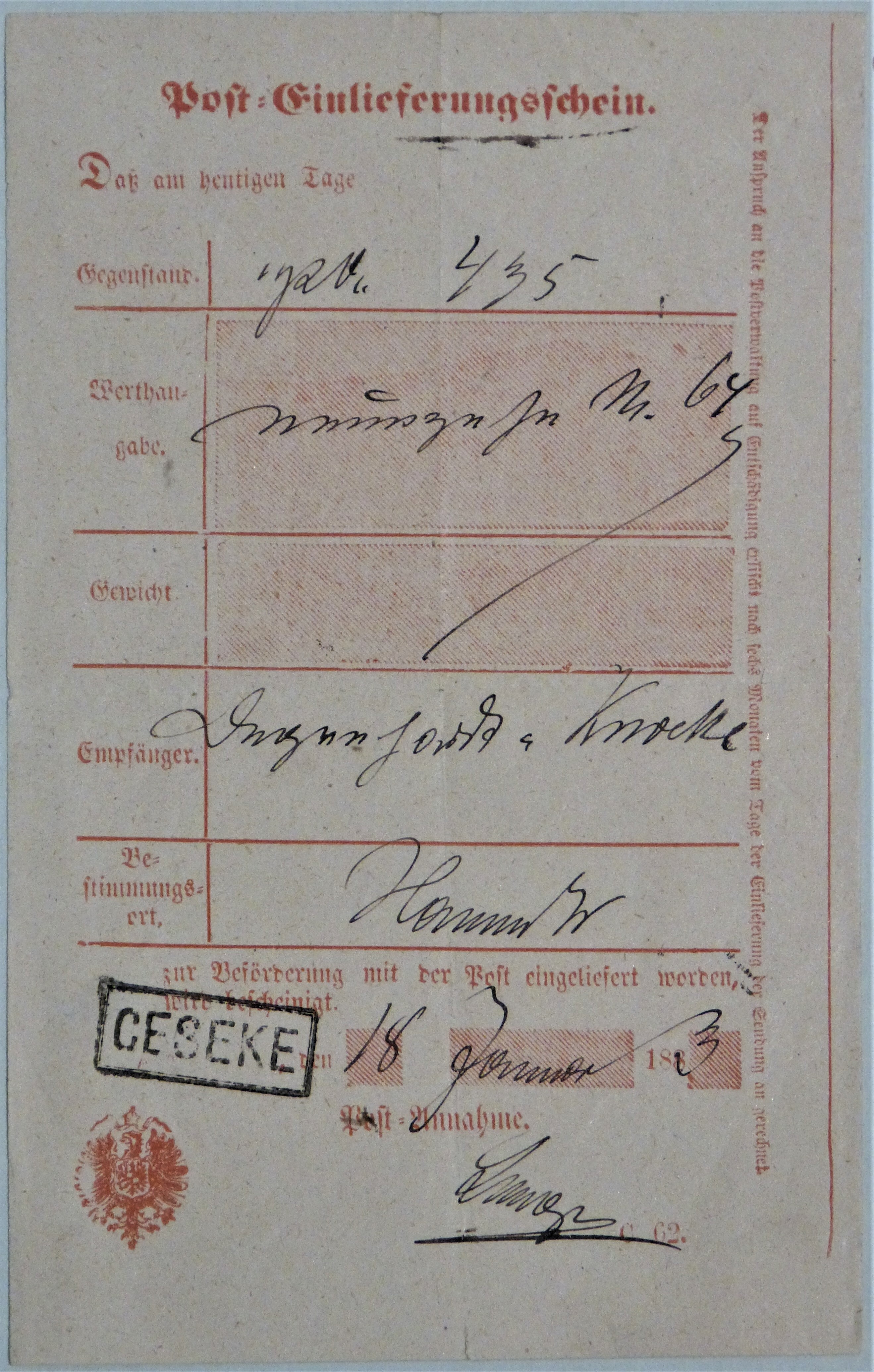 Einlieferungsschein der Post (Städt. Hellweg-Museum Geseke CC BY-NC-SA)