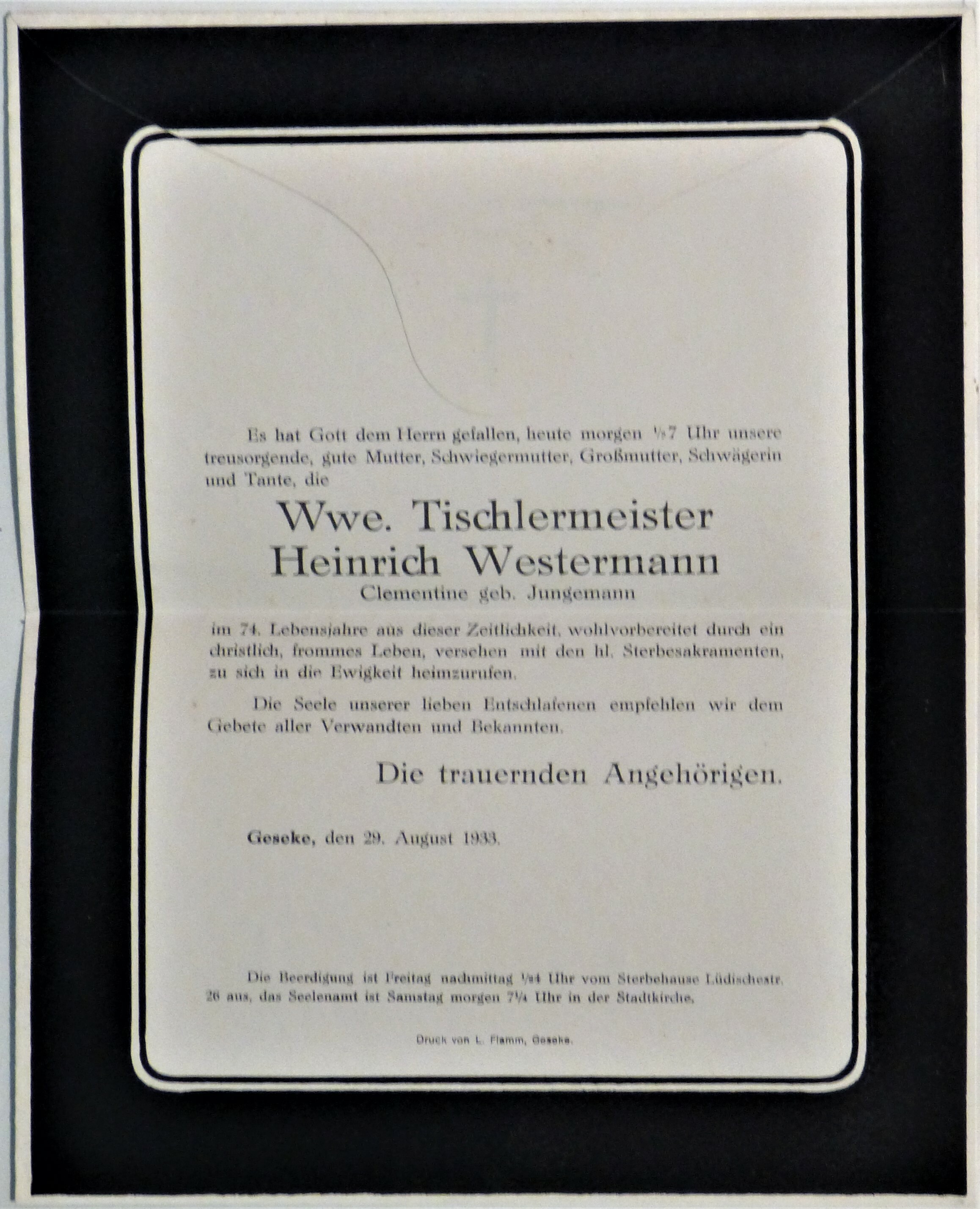 Totenbrief von Clementine Westermann (Städt. Hellweg-Museum Geseke CC BY-NC-SA)