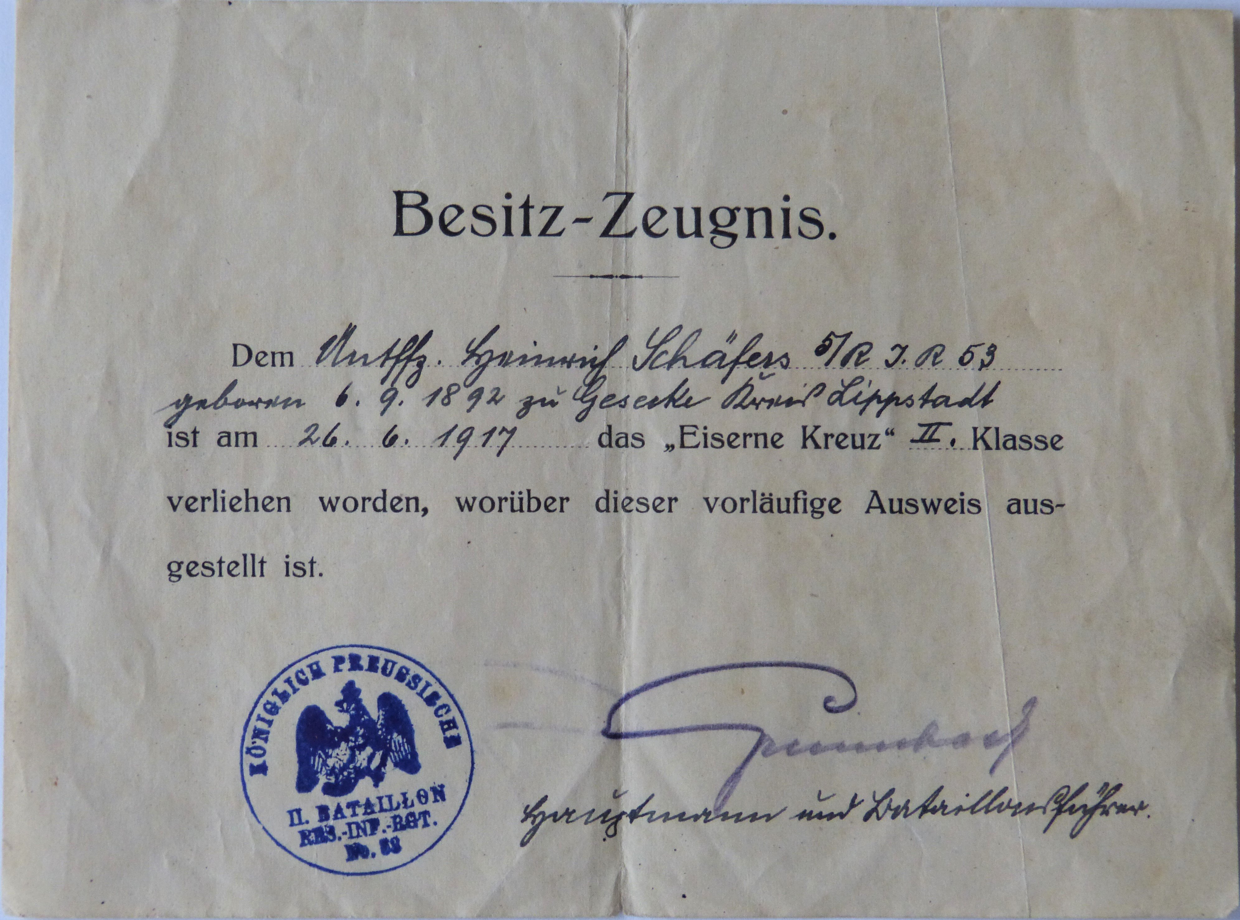 Ordensbesitzzeugnis für Eisernes Kreuz II. Klasse (Städt. Hellweg-Museum Geseke CC BY-NC-SA)