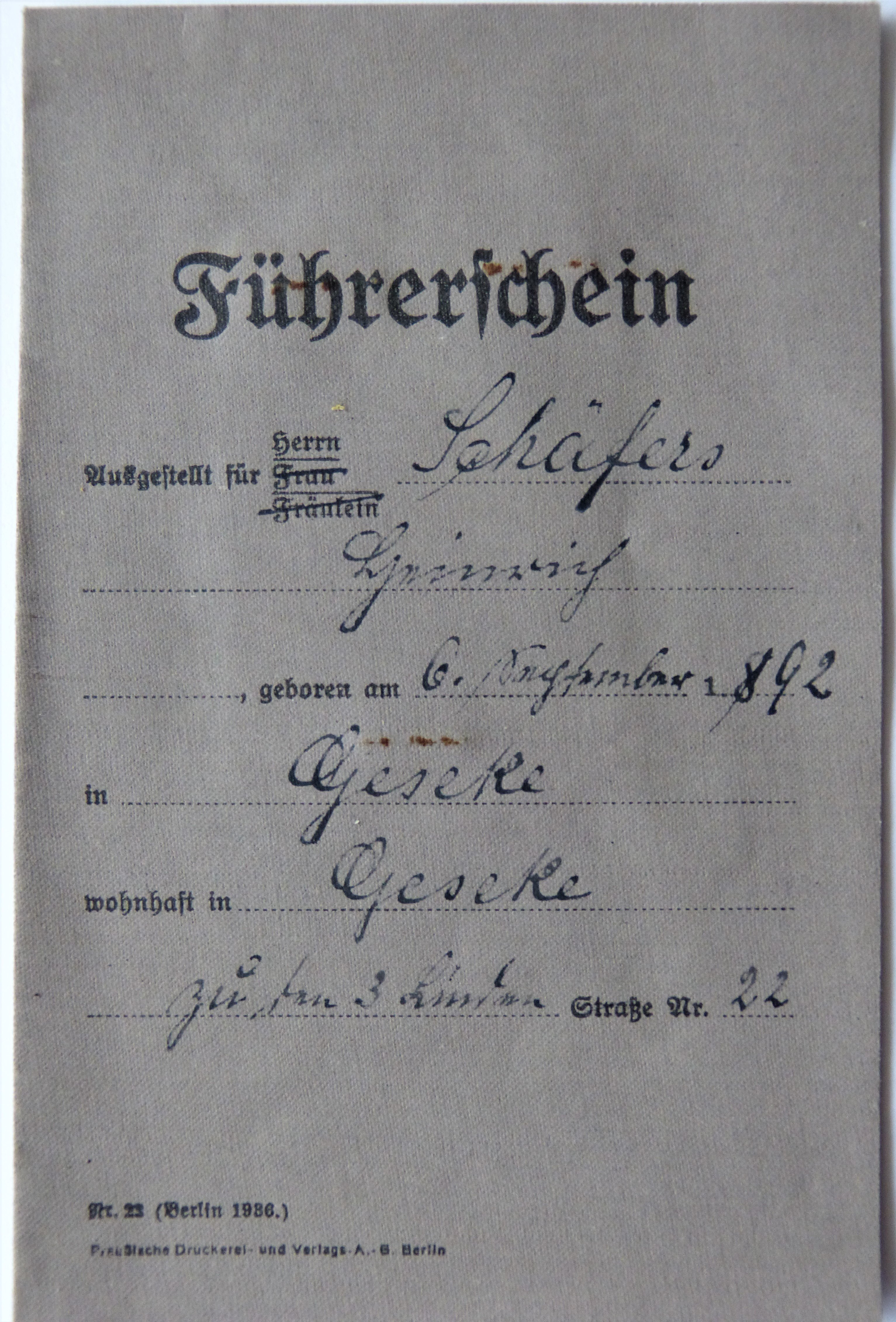 Führerschein von Heinrich Schäfers (Städt. Hellweg-Museum Geseke CC BY-NC-SA)