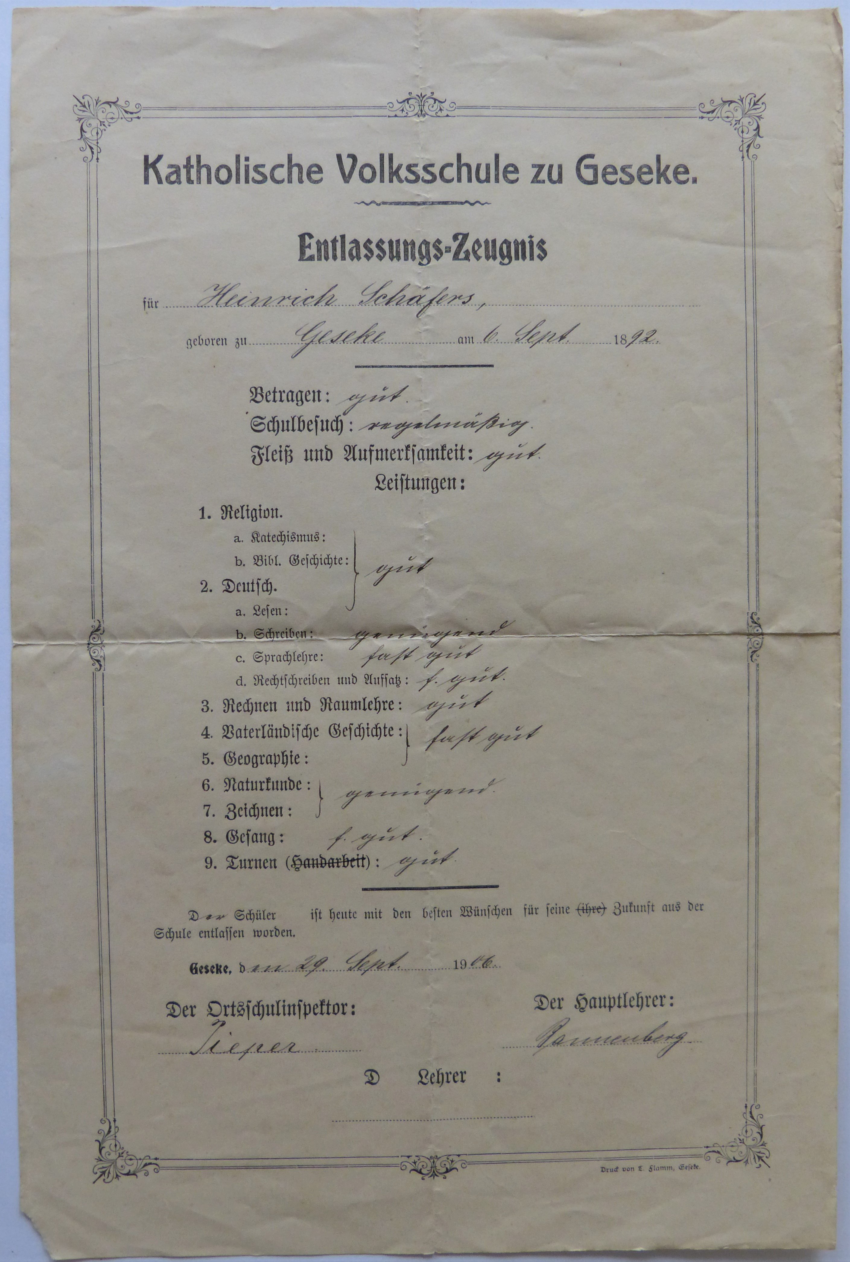 Entlassungszeugnis der Volksschule (Städt. Hellweg-Museum Geseke CC BY-NC-SA)