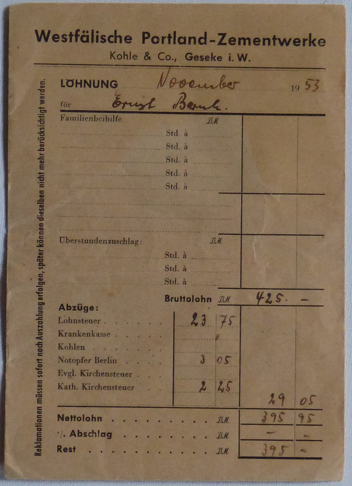 Lohntüte der Zementwerke Kohle & Co. (Städt. Hellweg-Museum Geseke CC BY-NC-SA)