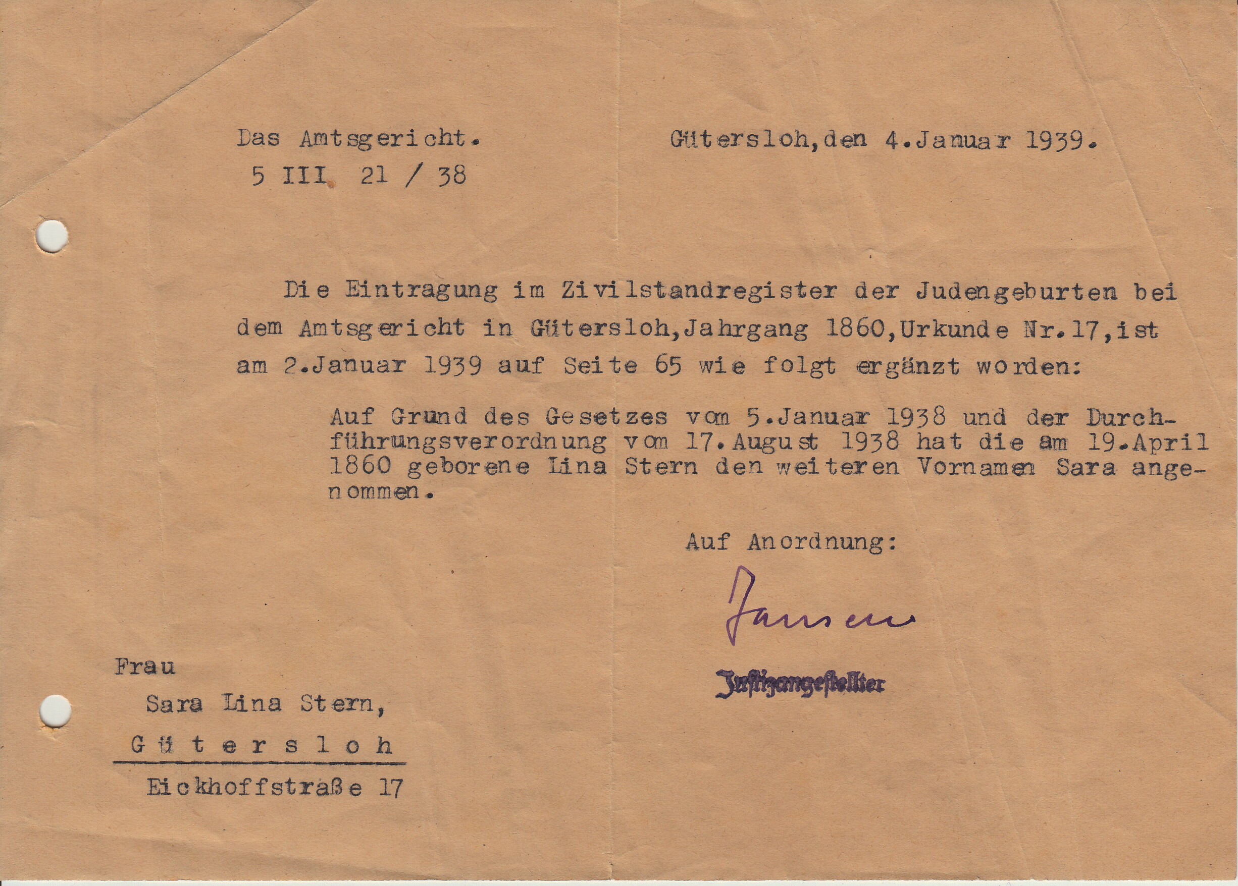 Formular zur Namenserweiterung / Lina Stern (Jüdisches Museum Westfalen (Scan) CC BY-NC-SA)