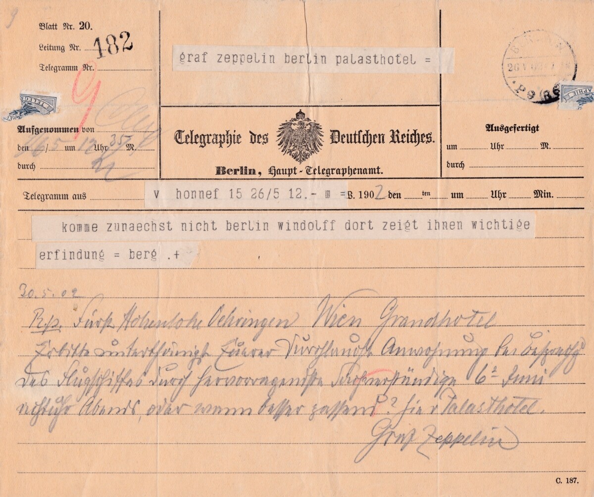 Telegramm von Carl Berg an Graf Zeppelin (M.-A. Trappe CC BY-NC-SA)