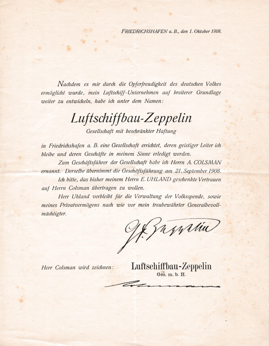 Bekanntmachung: Gründung der Luftschiffbau Zeppelin GmbH, 1. Oktober 1908 (M.-A. Trappe CC BY-NC-SA)