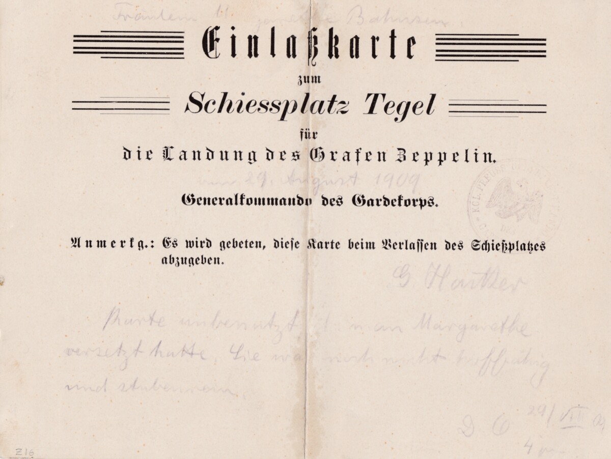 Einlasskarte zum Landungsplatz des LZ 6 - Z III in Berlin (1909) (M.-A. Trappe CC BY-NC-SA)