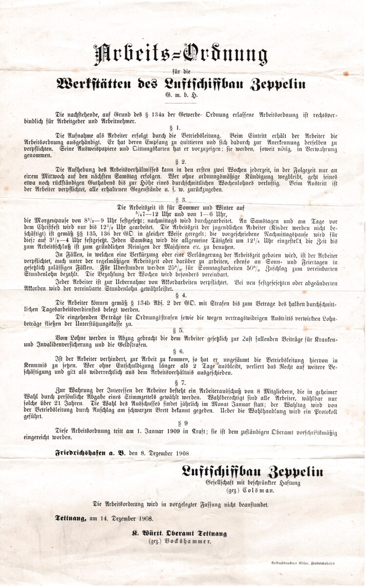 Plakat: Arbeitsordnung der Luftschiffbau Zeppelin GmbH, 1908 (M.-A. Trappe CC BY-NC-SA)