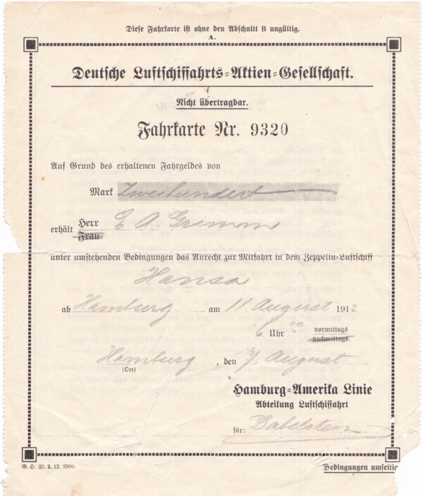 Fahrschein: LZ 13 - HANSA, Hamburg - Flensburg - Hamburg, 11. August 1912 (M.-A. Trappe CC BY-NC-SA)