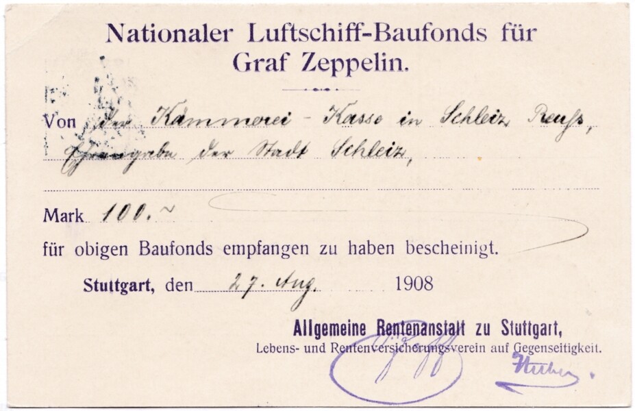 Quittung: Nationaler Luftschiff-Baufonds für Graf Zeppelin, Schleiz, 27.08.1908 (M.-A. Trappe CC BY-NC-SA)