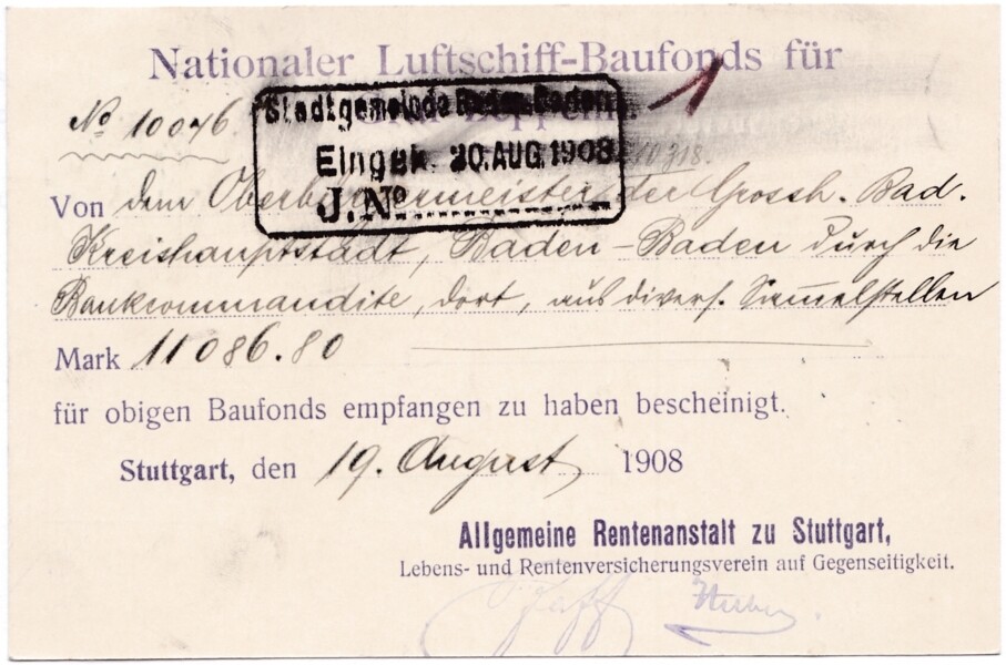 Quittung: Nationaler Luftschiff-Baufonds für Graf Zeppelin, Baden-Baden, 19.08.1908 (M.-A. Trappe CC BY-NC-SA)