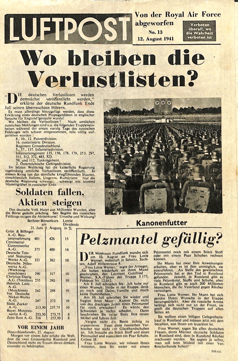 Propagandaflugblatt: 510/xiii [1941] Luftpost No.13, 12. August 1941 (Moritz-Adolf Trappe | Sammlung Luftfahrt.Industrie.Westfalen CC BY-NC-SA)