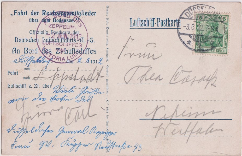 Abwurfkarte Düsseldorf der Fahrt zum Zeppelintag Lippstadt am 2. Juni 1912 (Luftfahrt.Industrie.Westfalen CC BY-NC-SA)