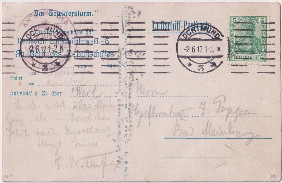 Abwurfkarte Dortmund der Fahrt zum Zeppelintag Lippstadt am 2. Juni 1912 (Luftfahrt.Industrie.Westfalen CC BY-NC-SA)