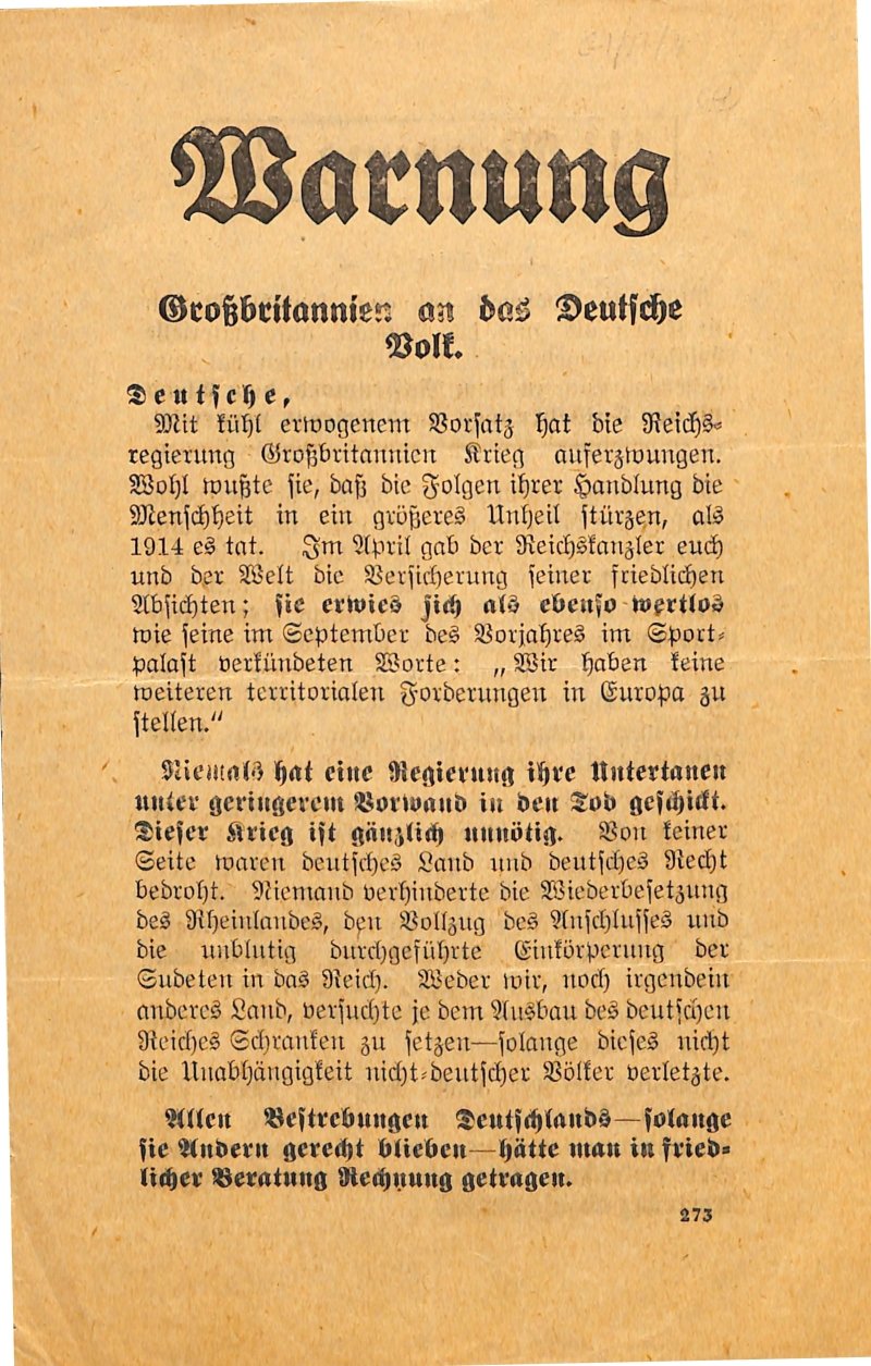 Propagandaflugblatt: Warnung. Großbritannien an das deutsche Volk. (Moritz-Adolf Trappe | Sammlung Luftfahrt.Industrie.Westfalen CC BY-NC-SA)