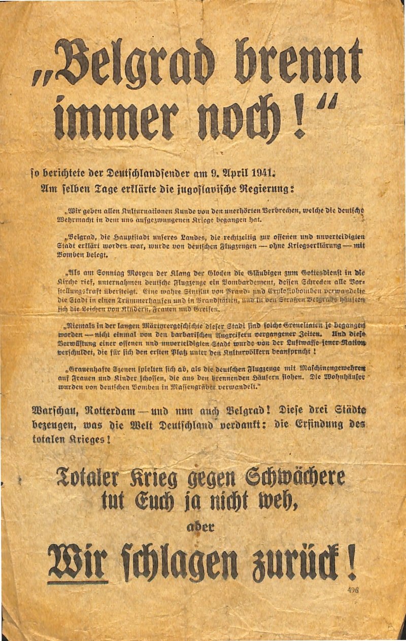 Propagandaflugblatt: [496-1941] Belgrad brennt immer noch! (Moritz-Adolf Trappe | Sammlung Luftfahrt.Industrie.Westfalen CC BY-NC-SA)
