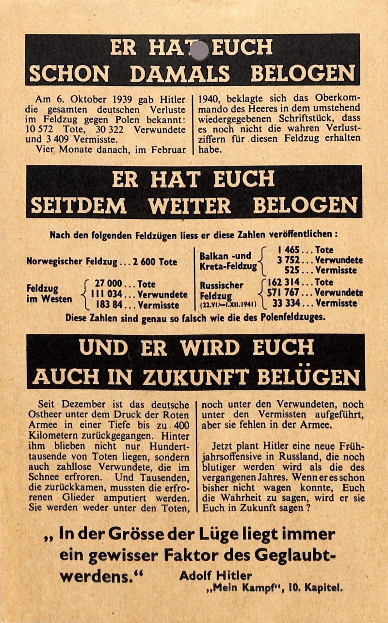 Propagandaflugblatt: G.13 [1942] Er hat Euch schon damals belogen (Moritz-Adolf Trappe | Sammlung Luftfahrt.Industrie.Westfalen CC BY-NC-SA)