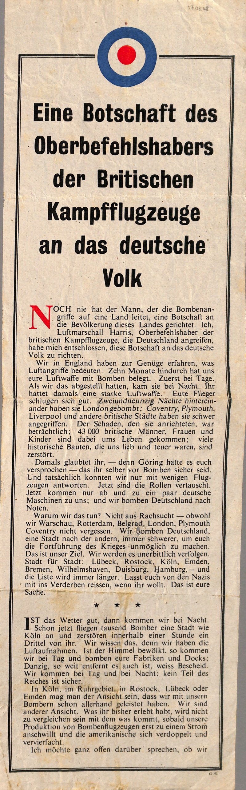 Propagandaflugblatt: G.41 [1942] Eine Botschaft des Oberbefehlshabers (Moritz-Adolf Trappe | Sammlung Luftfahrt.Industrie.Westfalen CC BY-NC-SA)