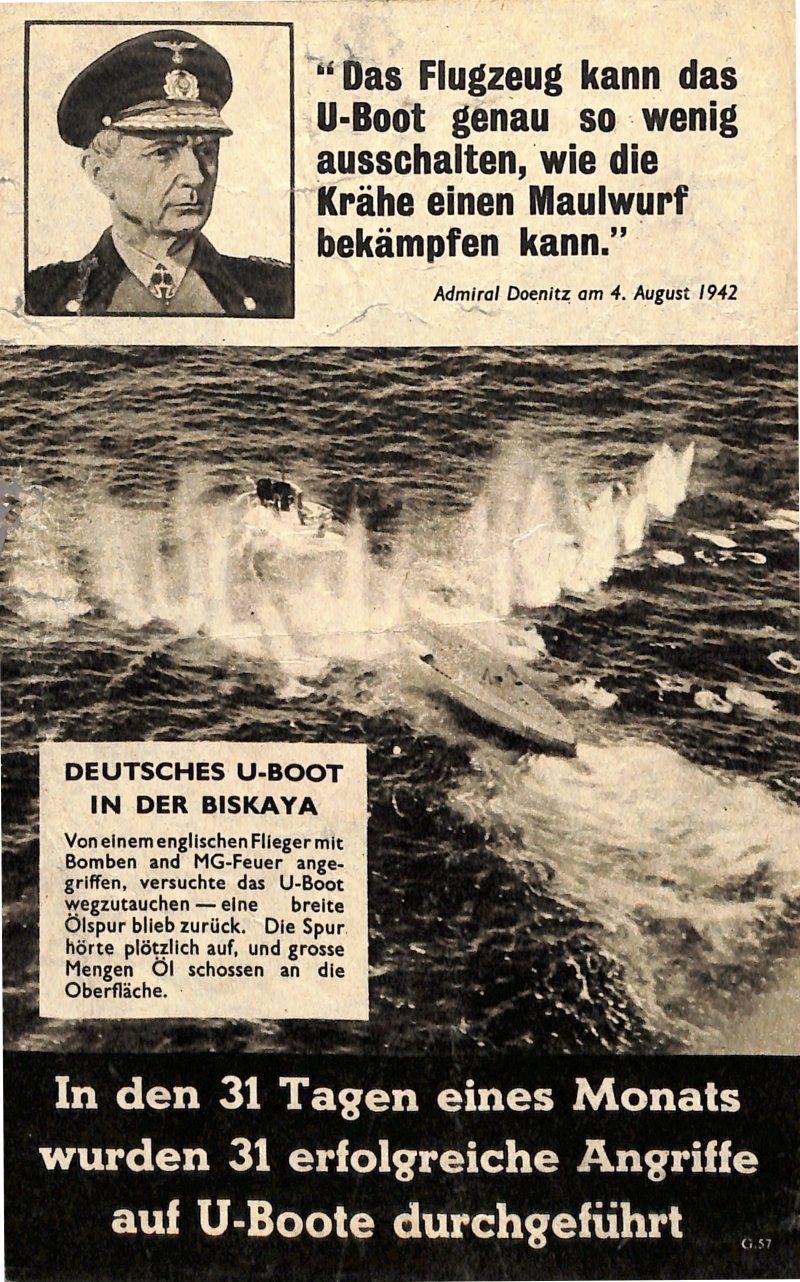 Propagandaflugblatt: G.57 [1942] Das Flugzeug kann das U-Boot genau so wenig ausschalten, wie die Krähe einen Maulwurf bekämpfen kann (Moritz-Adolf Trappe | Sammlung Luftfahrt.Industrie.Westfalen CC BY-NC-SA)