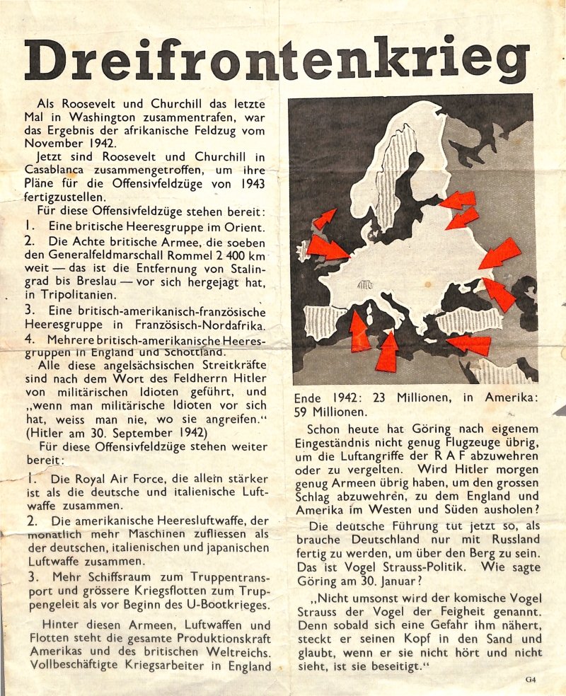 Propagandaflugblatt G.4 [1943] Dreifrontenkrieg (Moritz-Adolf Trappe | Sammlung Luftfahrt.Industrie.Westfalen CC BY-NC-SA)