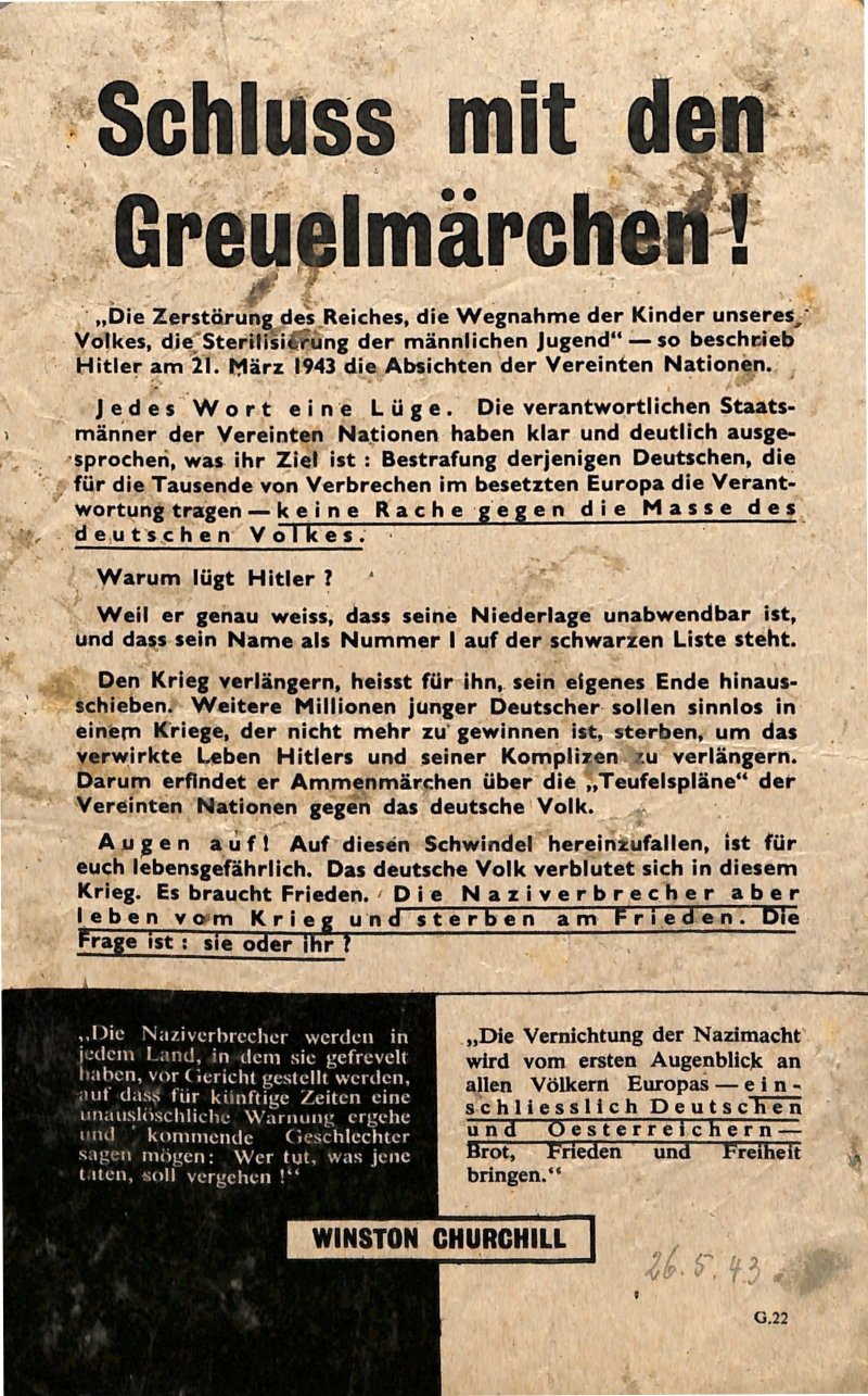 Propagandaflugblatt: G.22 [1943] Schluss mit den Greuelmärchen (Moritz-Adolf Trappe | Sammlung Luftfahrt.Industrie.Westfalen CC BY-NC-SA)