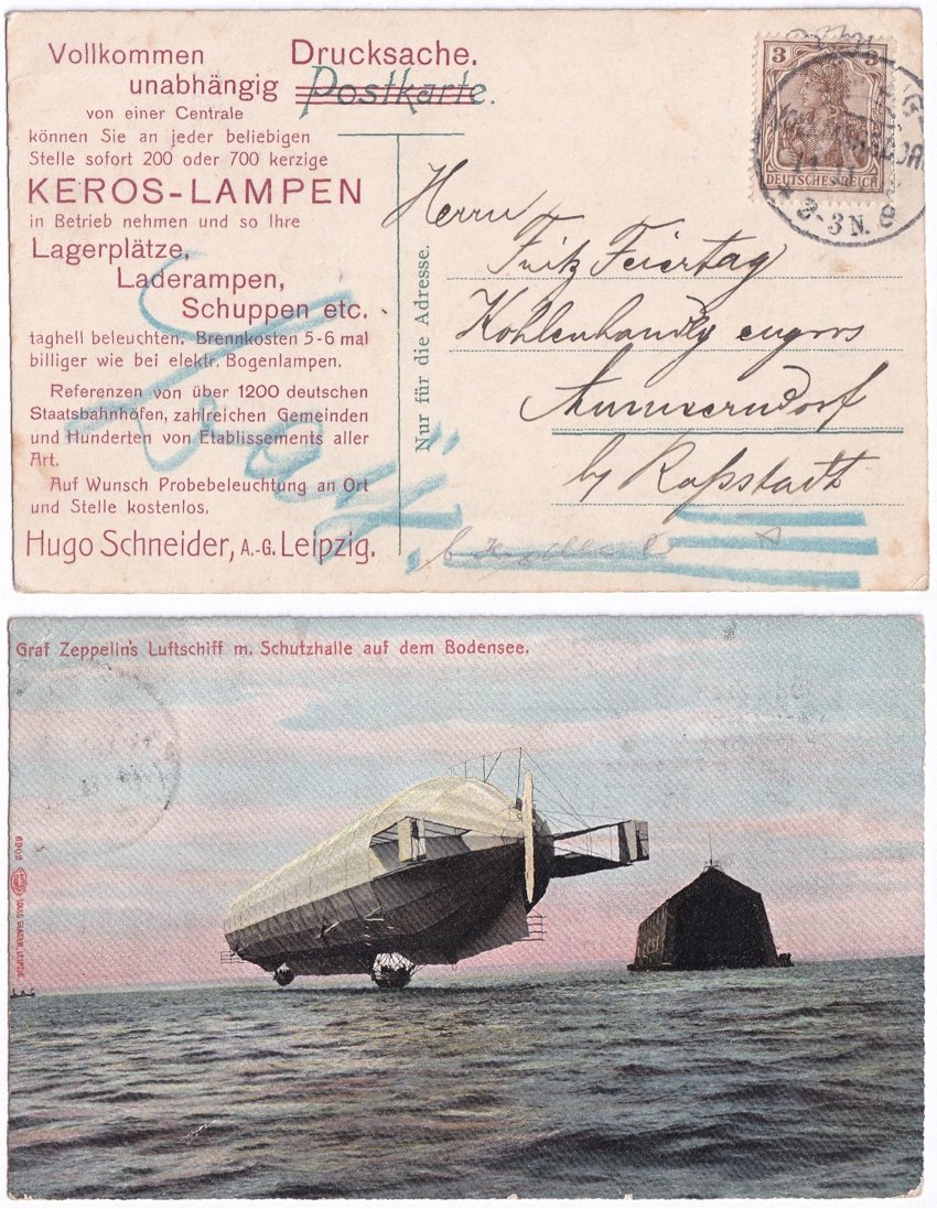 Reklamekarten mit Zeppelin-Motiv für Keros-Licht der Hugo Schneider Aktiengesellschaft, Leipzig (HASAG) (Moritz-Adolf Trappe | Sammlung Luftfahrt.Industrie.Westfalen CC BY-NC-SA)