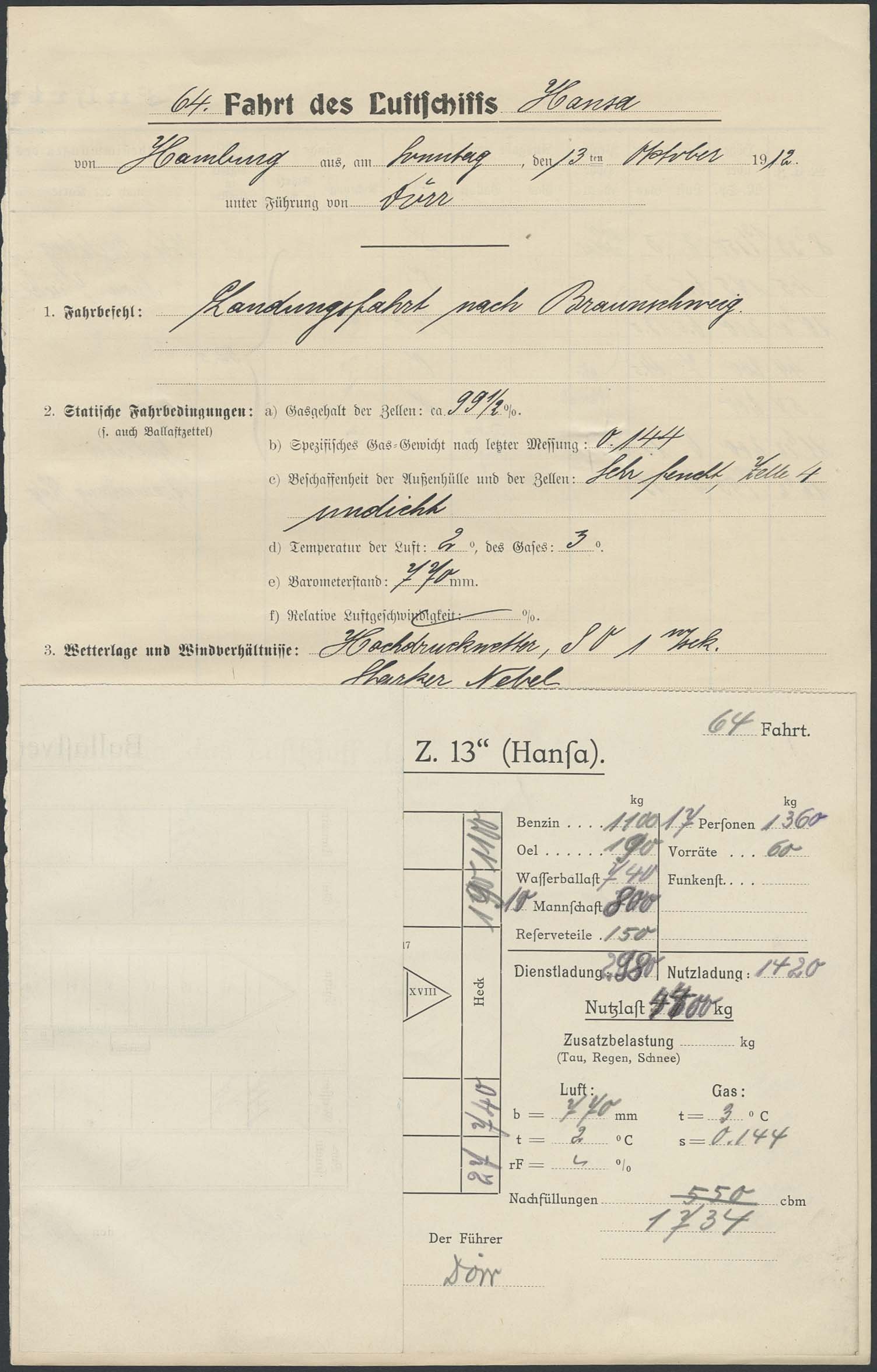 Fahrtbericht der 64. Fahrt des LZ 13 – HANSA von Hamburg - Braunschweig vom 13.10.1912 (Luftfahrt.Industrie.Westfalen CC BY-NC-SA)