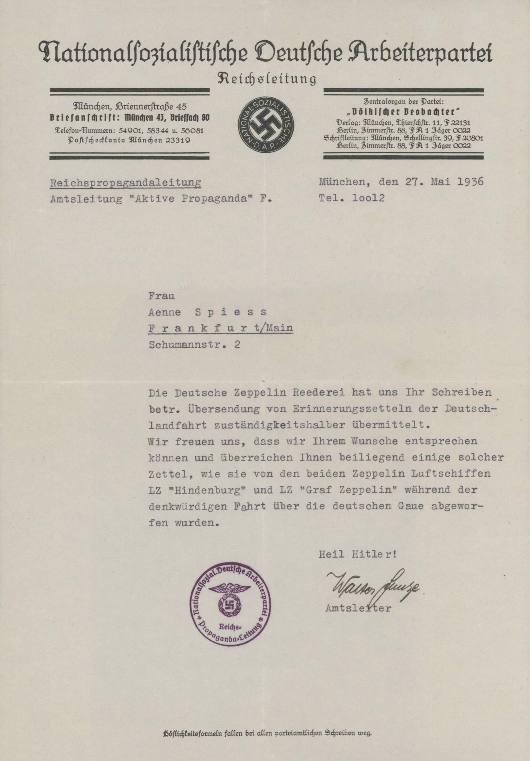 Brief der NSDAP-Reichspropagandaleitung, München, bezüglich Propagandaflugblätter der Deutschlandfahrt 1936 (Sammlung Luftfahrt.Industrie.Westfalen | Moritz-Adolf Trappe CC BY-NC-SA)