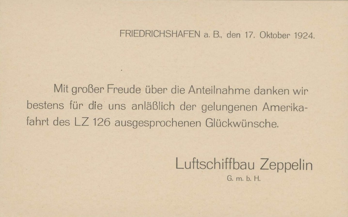 Danksagungskarte nach der erfolgreichen Ozeanüberquerung des LZ 126 - LOS ANGELES, 1924 (Sammlung Luftfahrt.Industrie.Westfalen | Moritz-Adolf Trappe CC BY-NC-SA)
