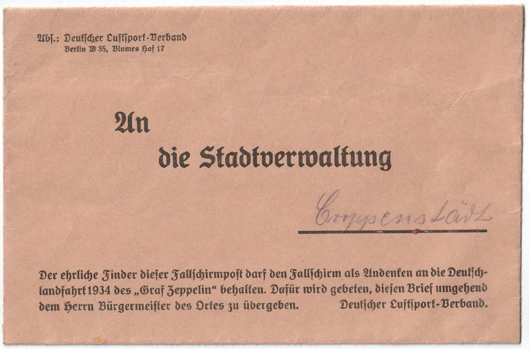 Abwurf Kroppenstedt der Deutschlandfahrt 1934 des LZ 127 - GRAF ZEPPELIN (Sammlung Luftfahrt.Industrie.Westfalen | Moritz-Adolf Trappe CC BY-NC-SA)