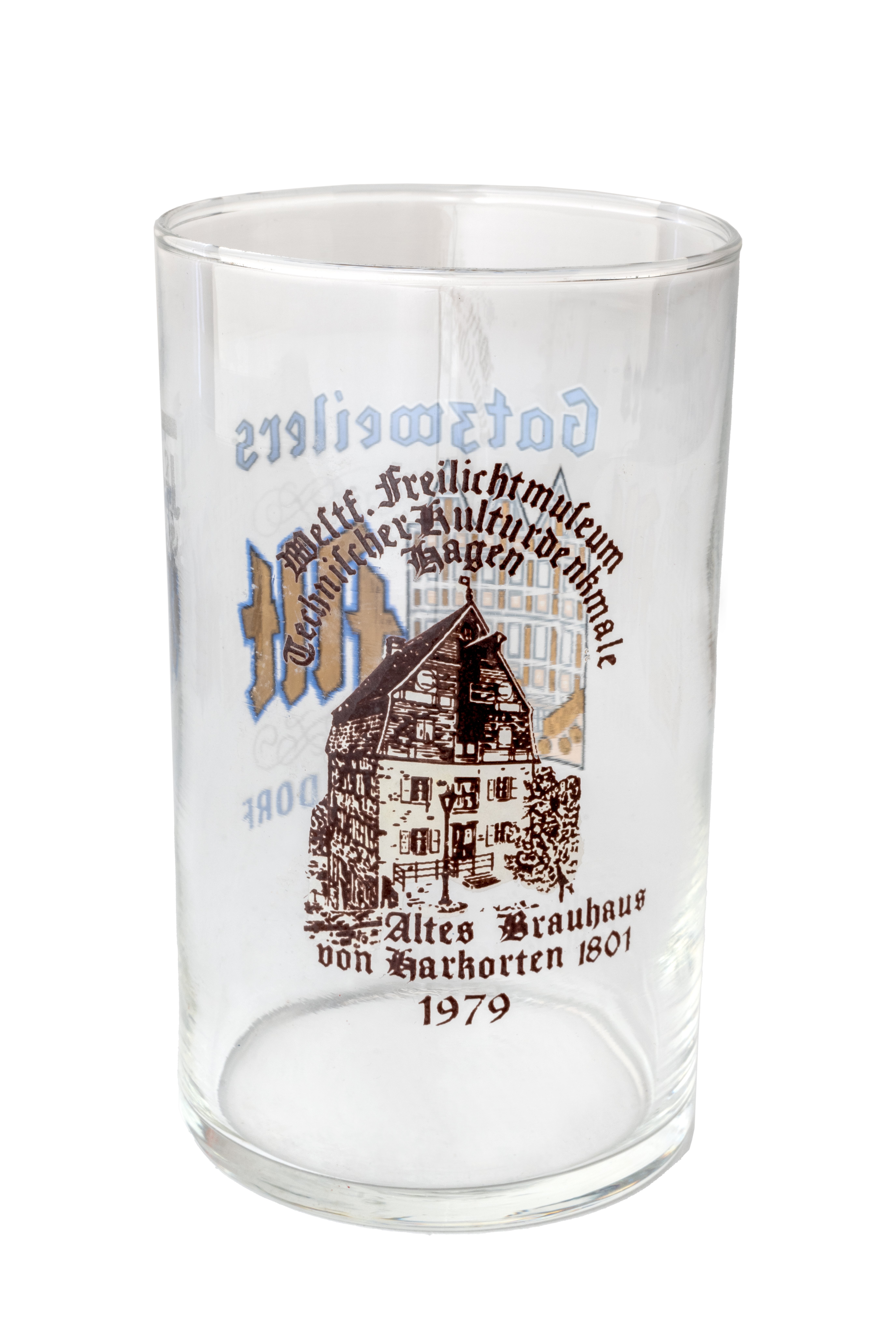 Trinkglas mit Aufdruck Haus Harkorten (LWL-Freilichtmuseum Hagen CC BY-NC-SA)