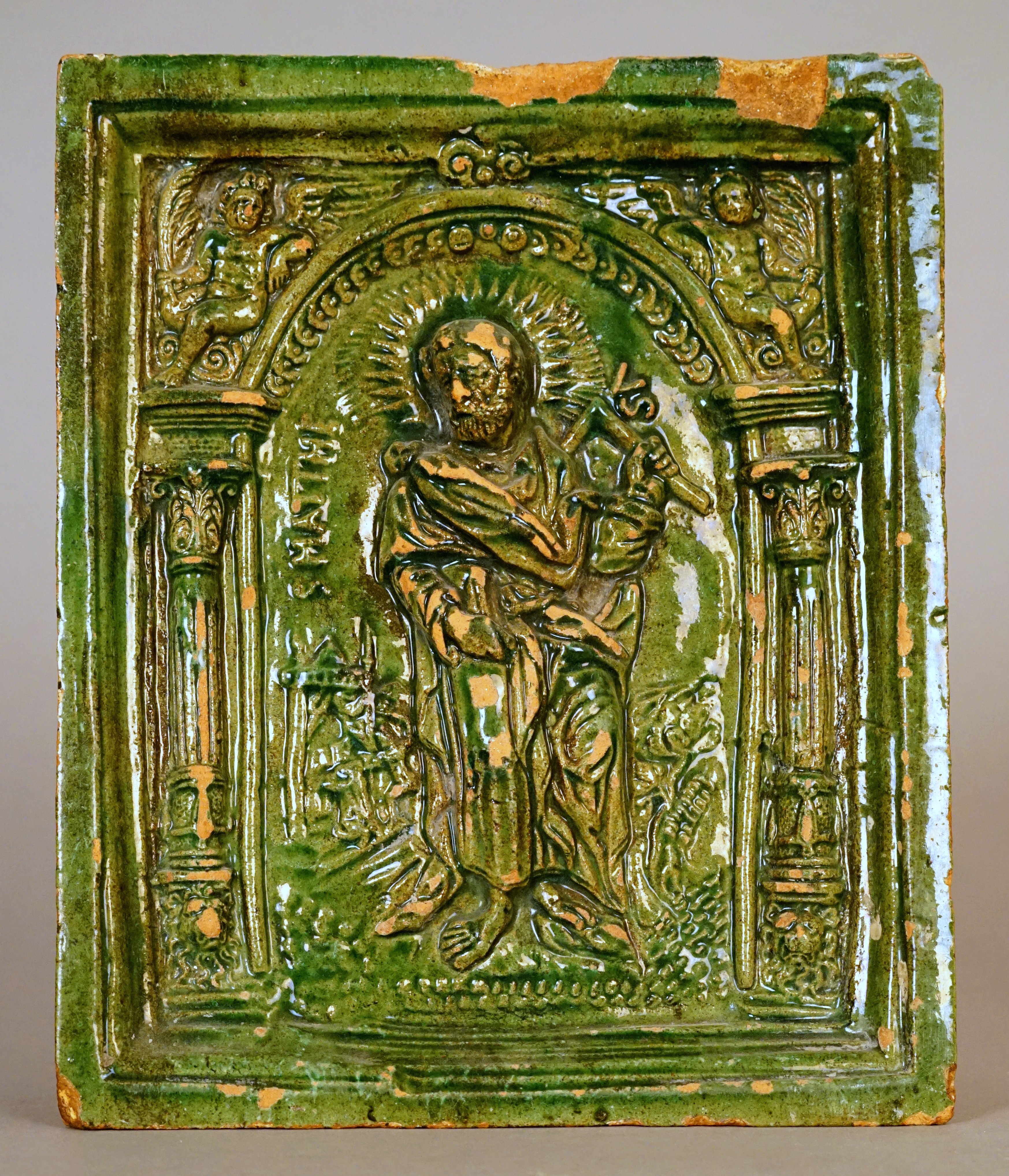 Ofenkachel: "Evangelist Matthäus" (RELíGIO – Westfälisches Museum für religiöse Kultur CC BY-NC-SA)