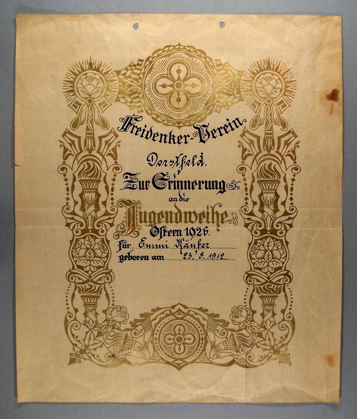 Jugendweiheschein des Freidenker-Vereins Dorstfeld (RELíGIO – Westfälisches Museum für religiöse Kultur CC BY-NC-SA)