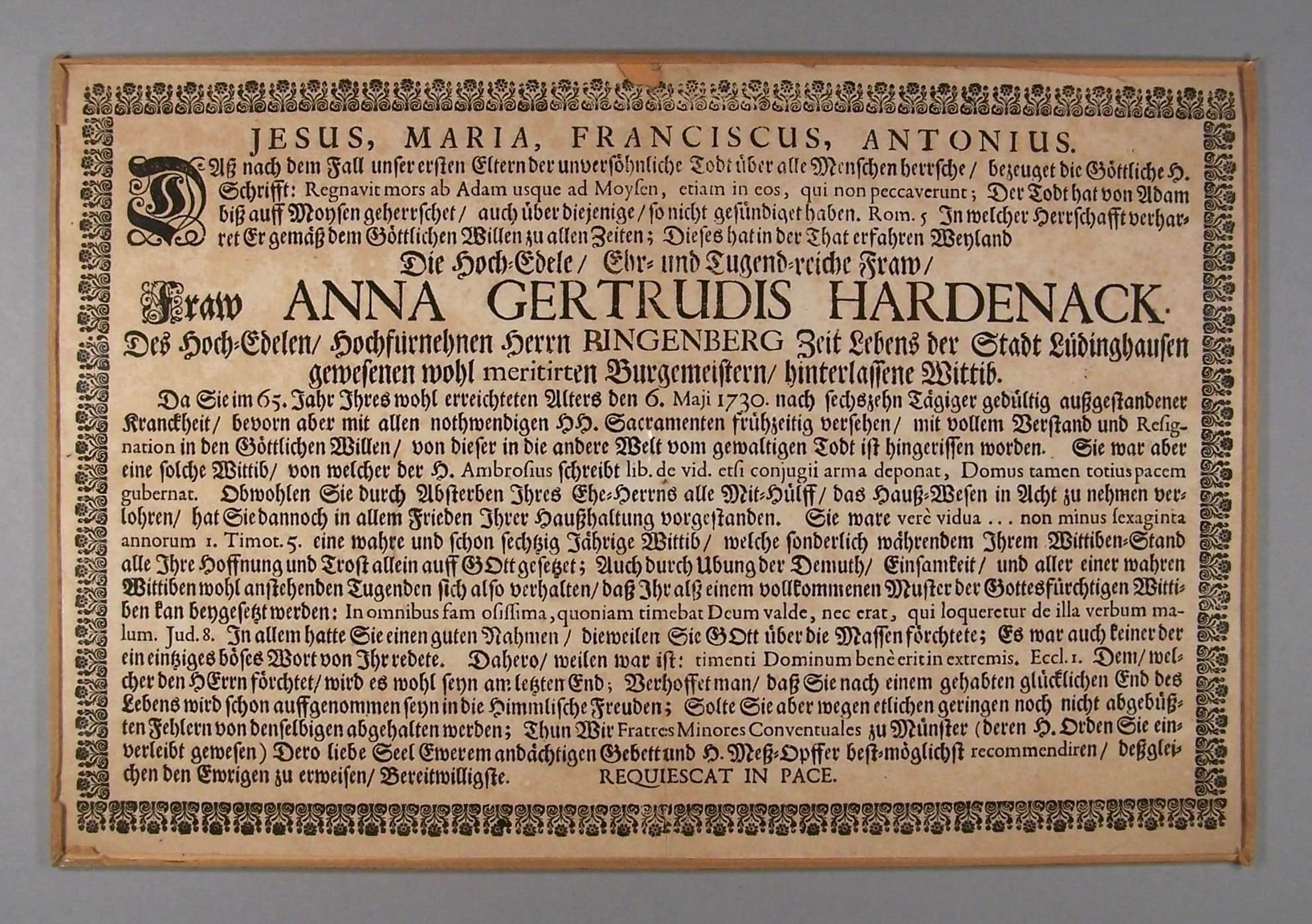 Totenzettel für Anna Gerturdis Hardenack (RELíGIO – Westfälisches Museum für religiöse Kultur CC BY-NC-SA)