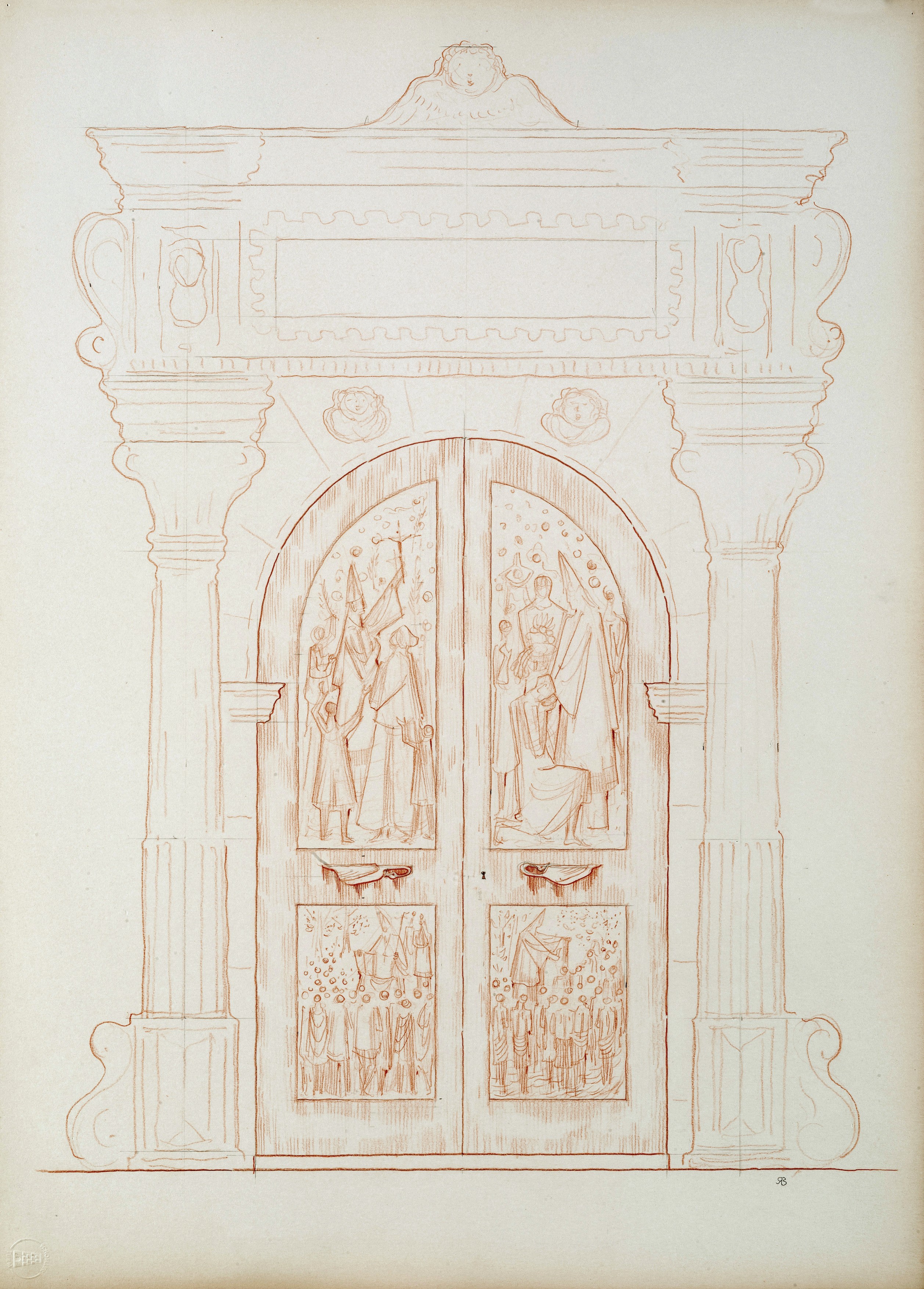 Rötelzeichnung: "Portal St. Petri Münster" (RELíGIO – Westfälisches Museum für religiöse Kultur CC BY-NC-SA)