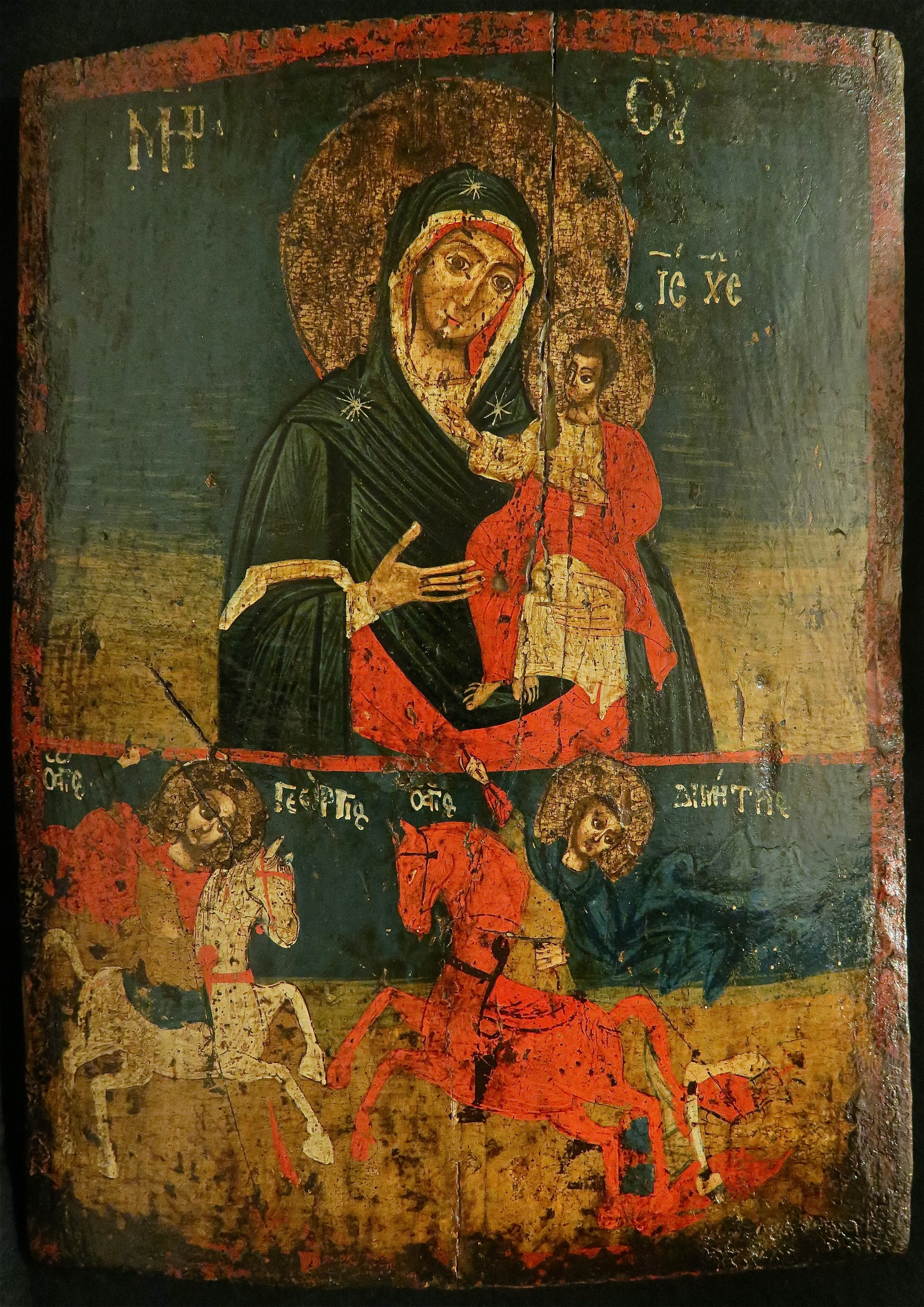 Ikone: Muttergottes Hodegetria mit den Heiligen Georg und Demetrius (Ikonen-Museum Recklinghausen CC BY-NC-SA)