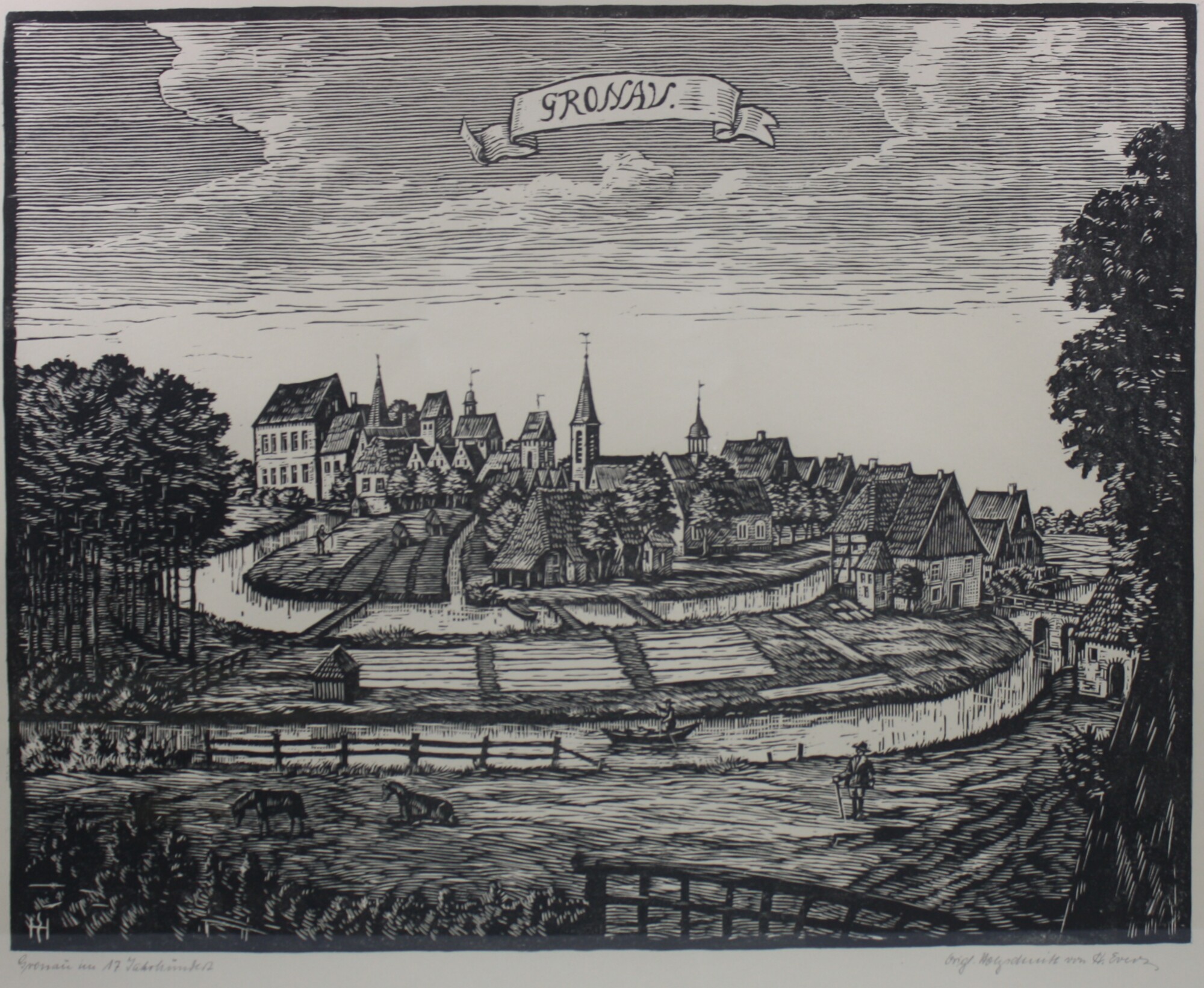 Holzschnitt: Ansicht der Stadt Gronau (Drilandmuseum CC BY-NC-SA)