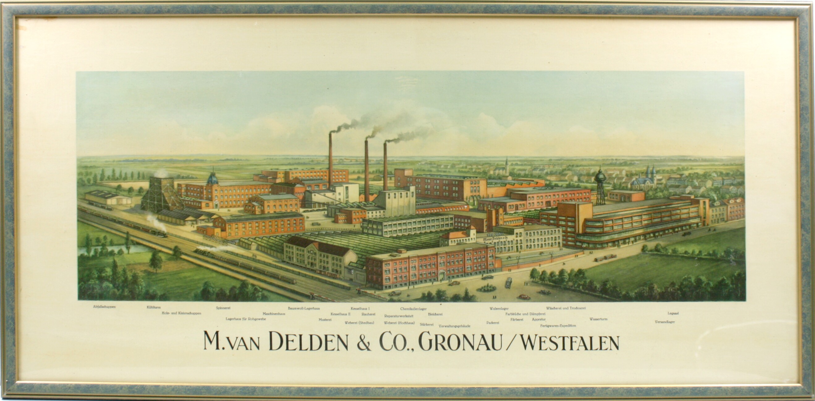 Farbdruck: Panoramaansicht "M. van Delden & Co., Gronau / Westfalen" (Drilandmuseum CC BY-NC-SA)