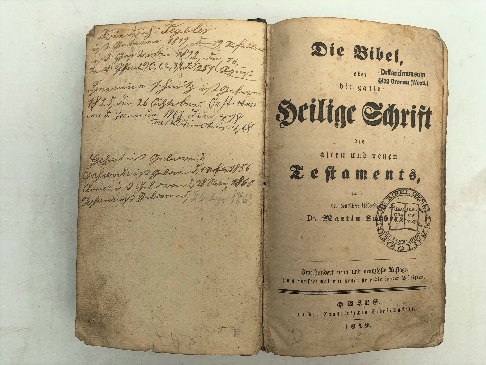 Bibel (Lutherübersetzung) von 1842 (Drlandmusem Gronau CC BY-NC-SA)