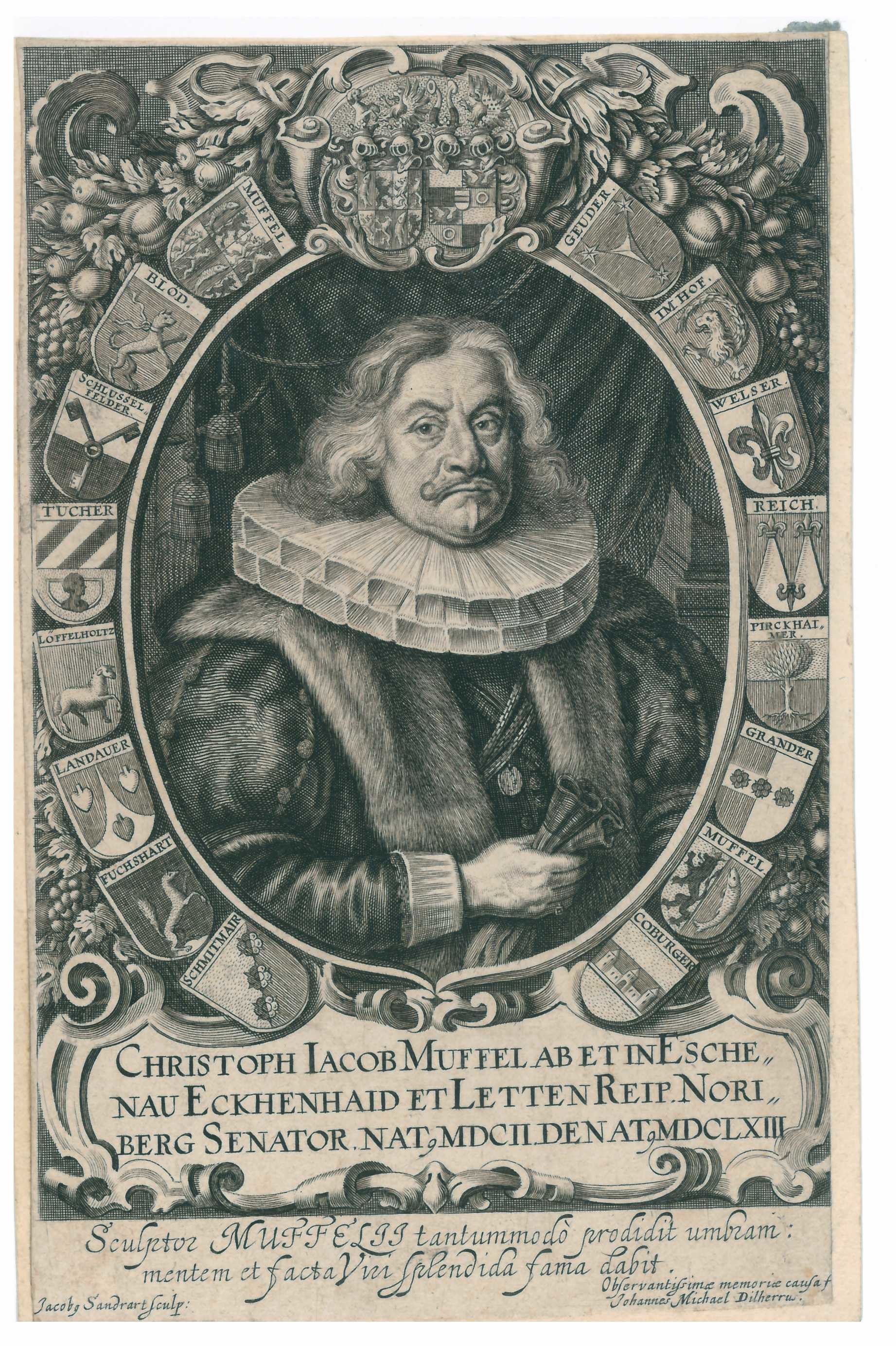 Kupferstich von Dilherr/Sandrart: Portrait des Nünrberger Ratsherrn Christoph Jakob Muffel von und zu Eschenau (Stadtmuseum Lippstadt RR-F)