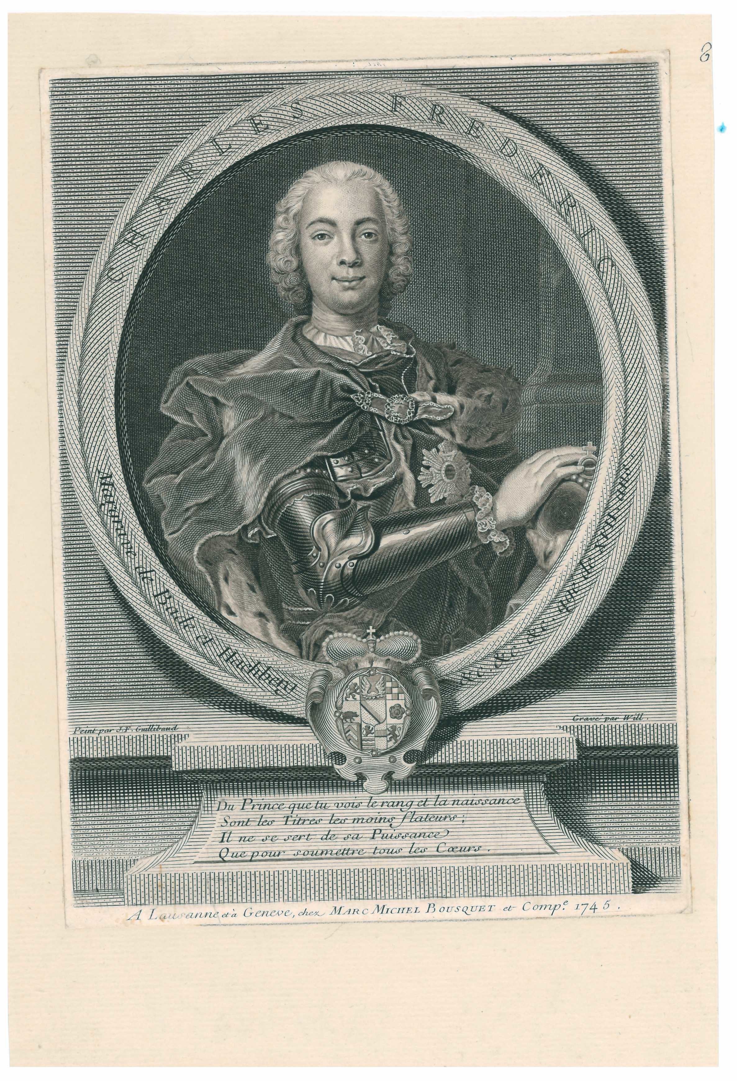 Kupferstich von Johann Georg Wille: Portrait des Karl Friedrich Markgraf von Baden und Hochberg (Stadtmuseum Lippstadt RR-F)