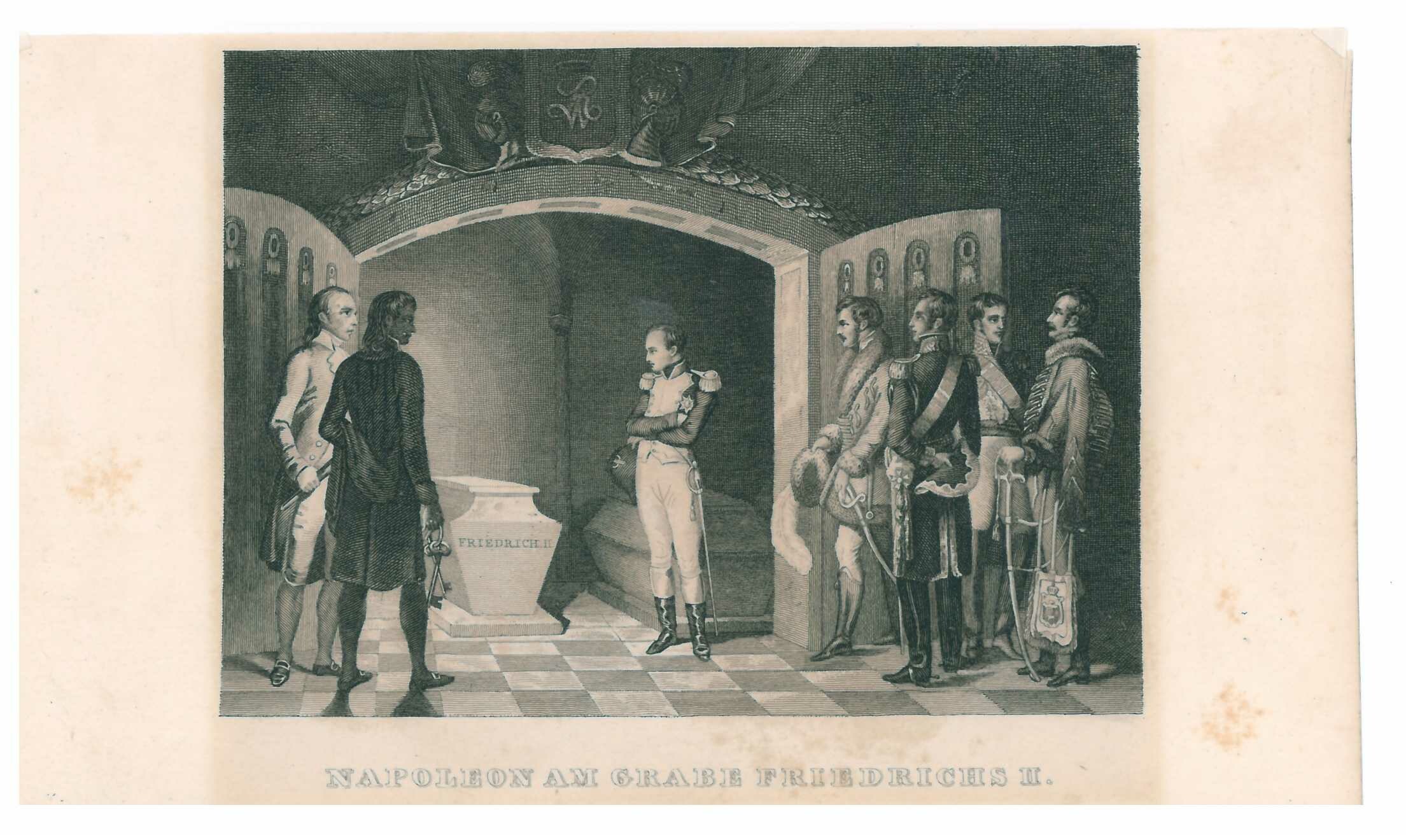 Stahlstich: N. N.: Napoleon am Grab Friedrichs II. (Stadtmuseum Lippstadt RR-F)