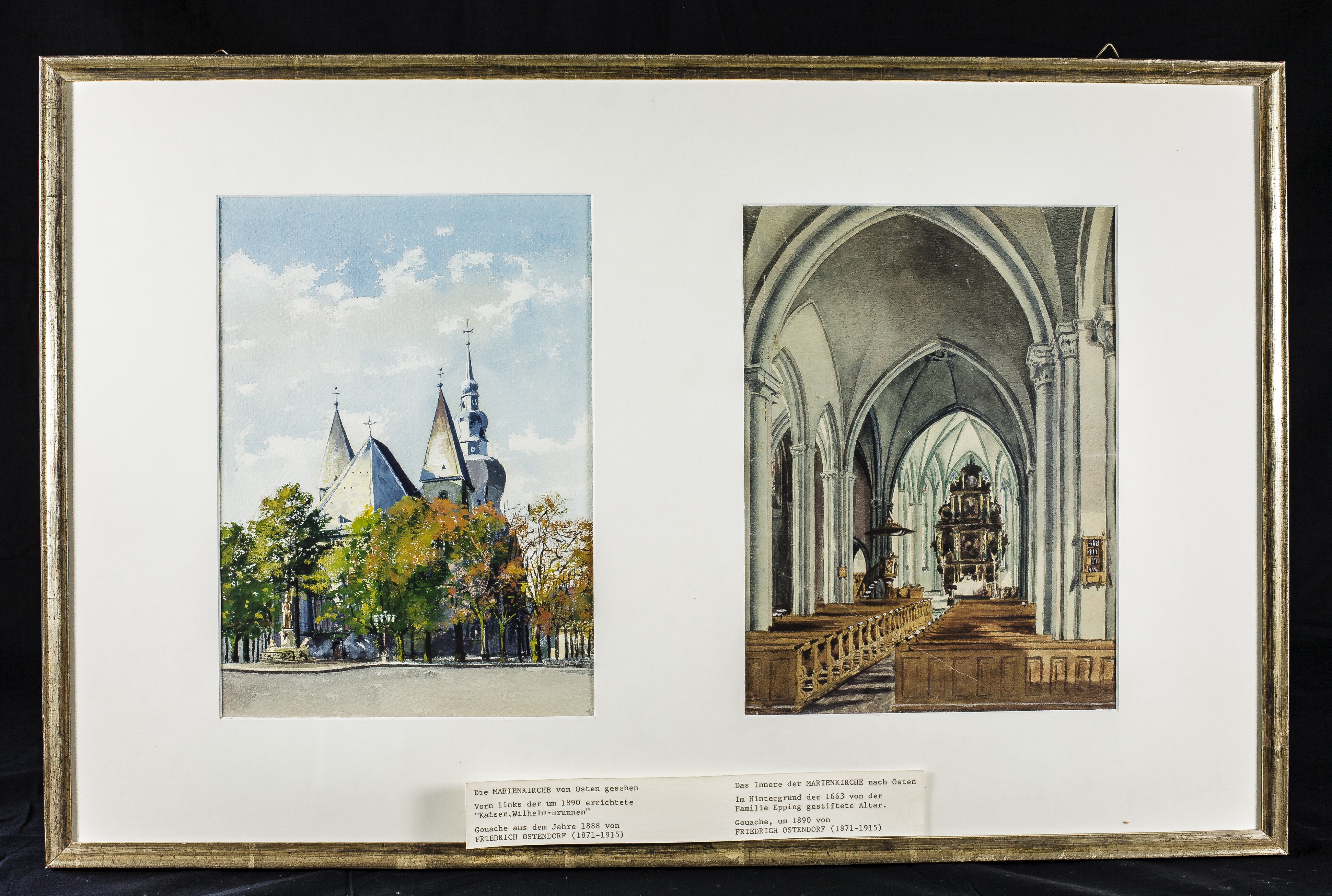 Gouache von Friedrich Ostendorf: Innenansicht der Lippstädter Marienkirche mit barockem Hochaltar (Stadtmuseum Lippstadt RR-F)