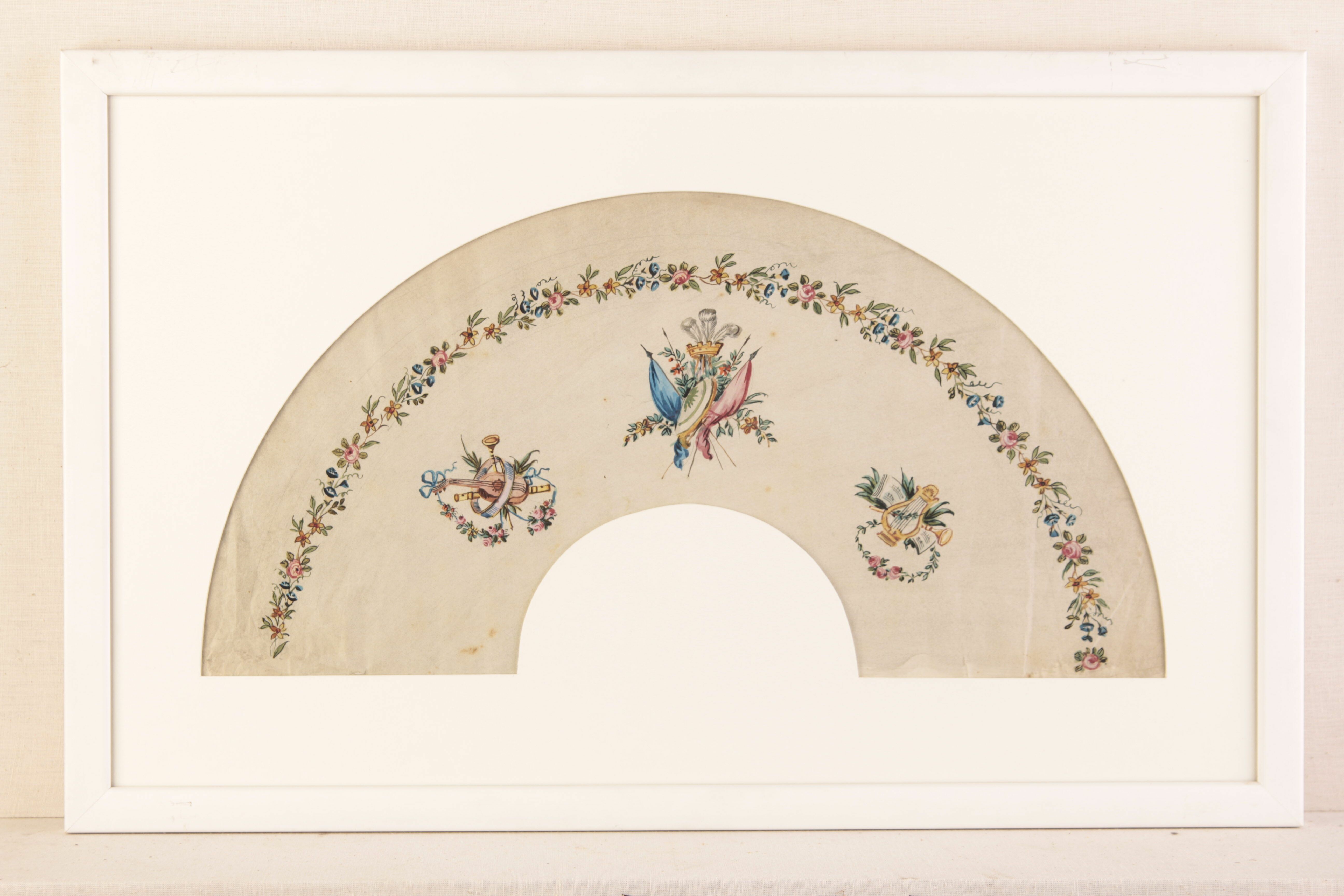 Gouache: N. N.: Fächerblattmotiv mit Blütengirlanden, Würdezeichen und Musikinstrumenten (Stadtmuseum Lippstadt CC BY-NC-ND)